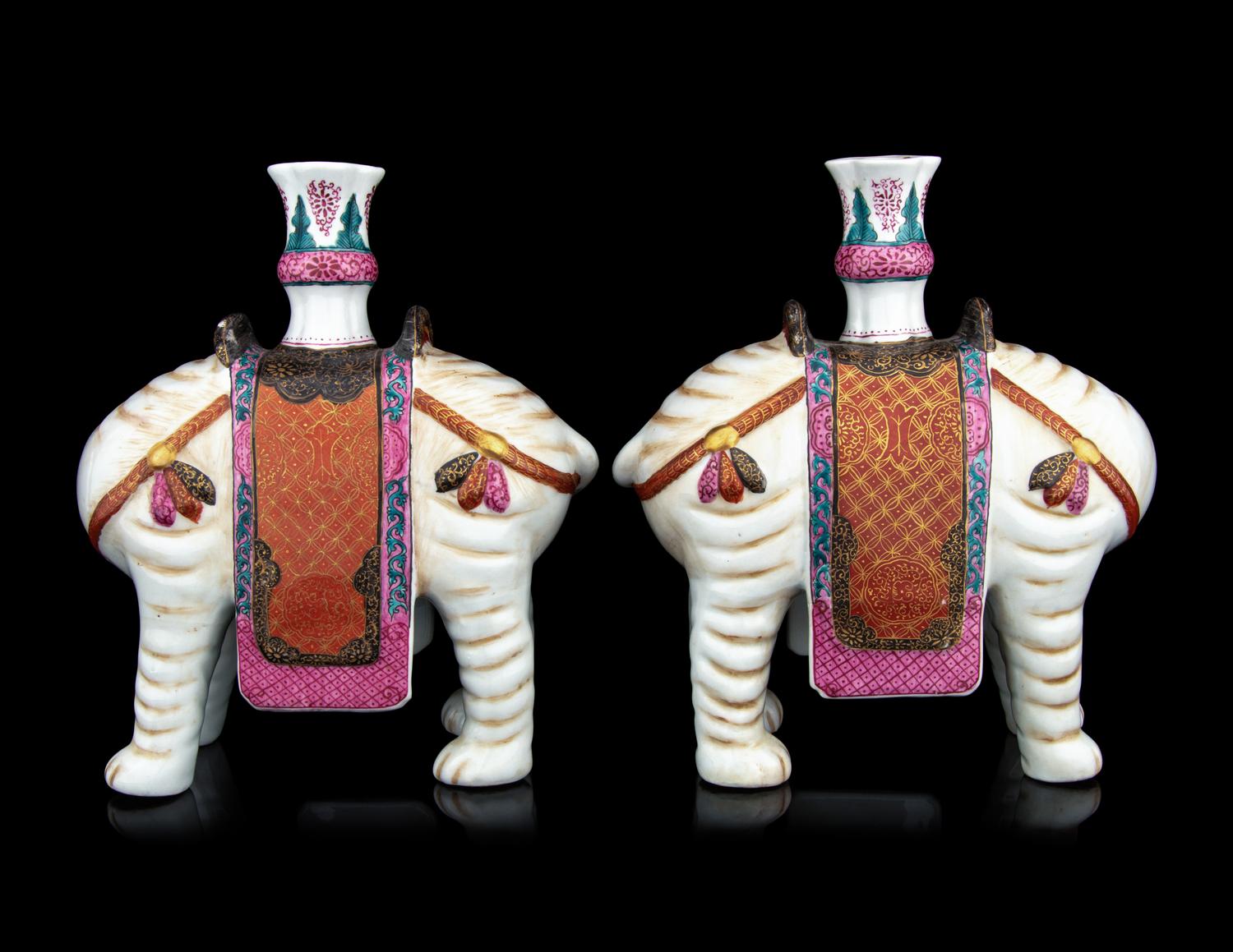 A Pair of Chinese Famille Rose Porcelain Elephant-Form Candle Holders