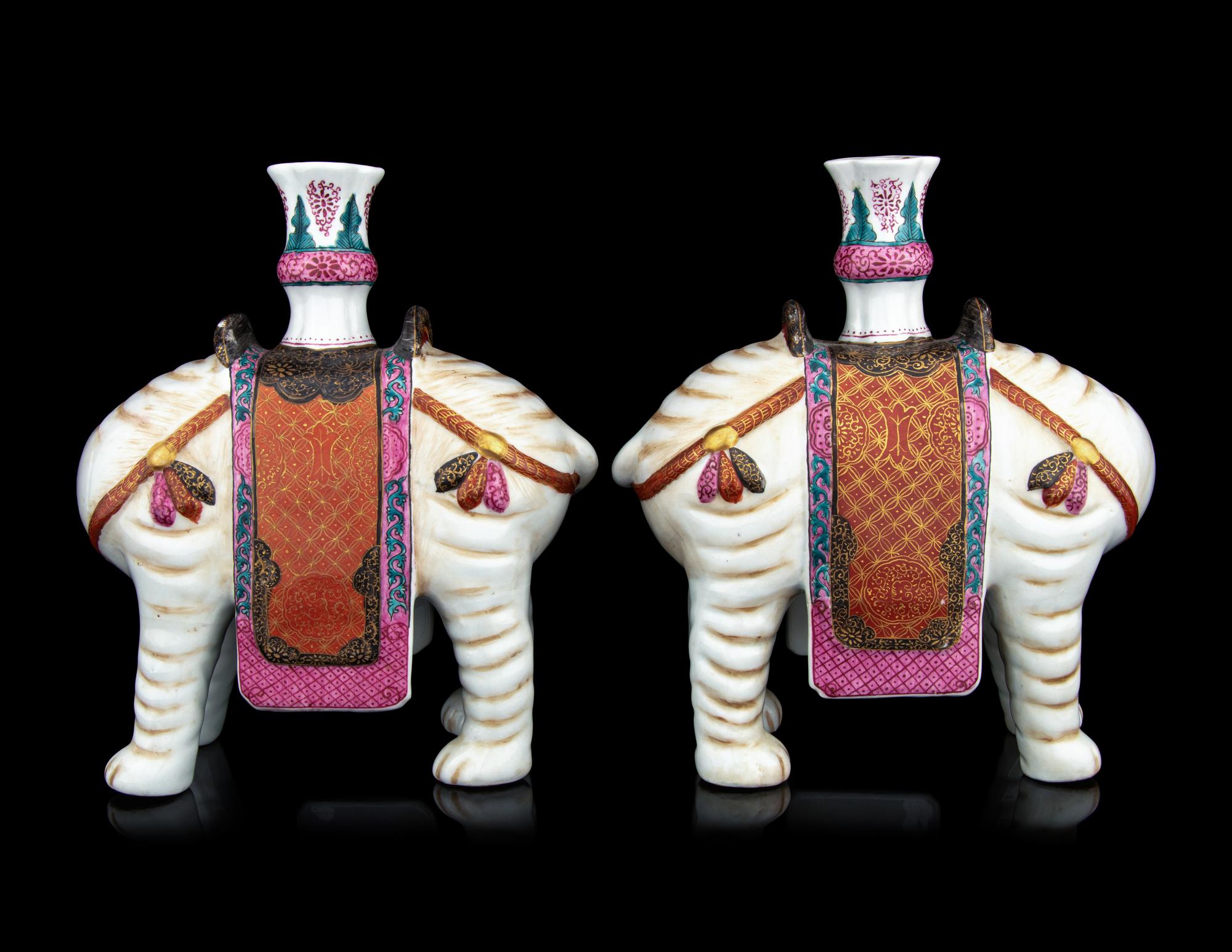 A Pair of Chinese Famille Rose Porcelain Elephant-Form Candle Holders