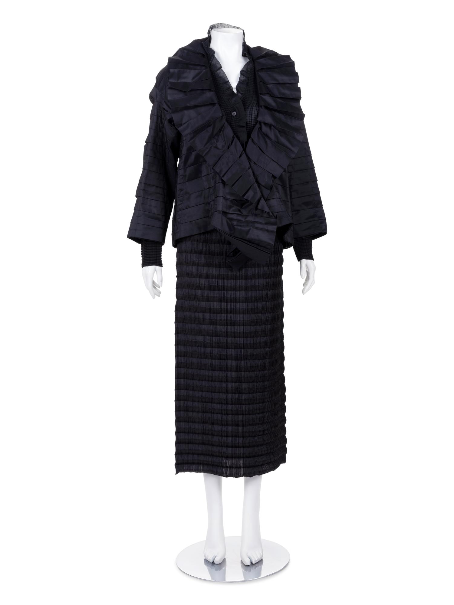 Three Issey Miyake Pleated Items: One Jacket, One Top, and One Skirt