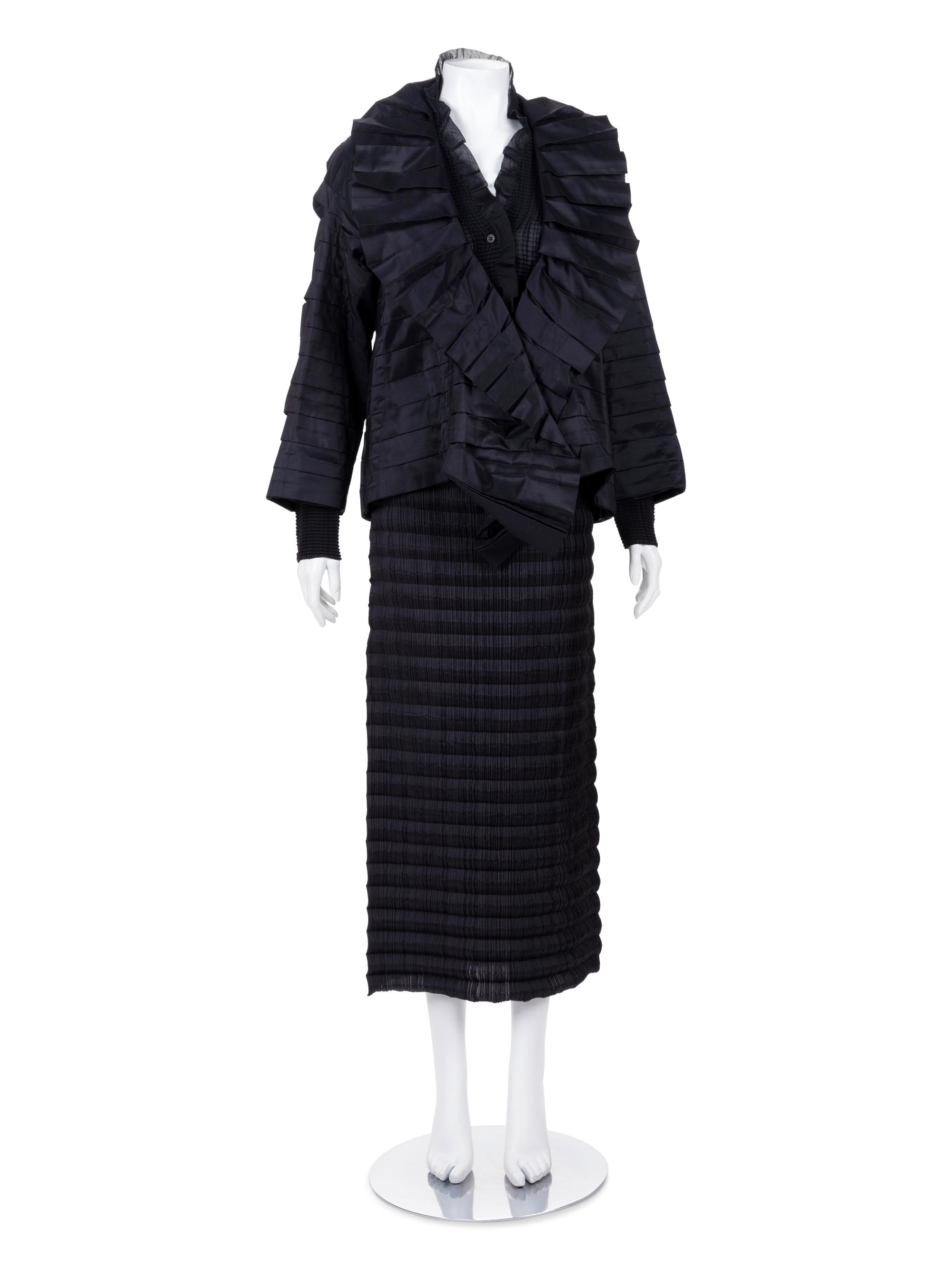 Three Issey Miyake Pleated Items: One Jacket, One Top, and One Skirt