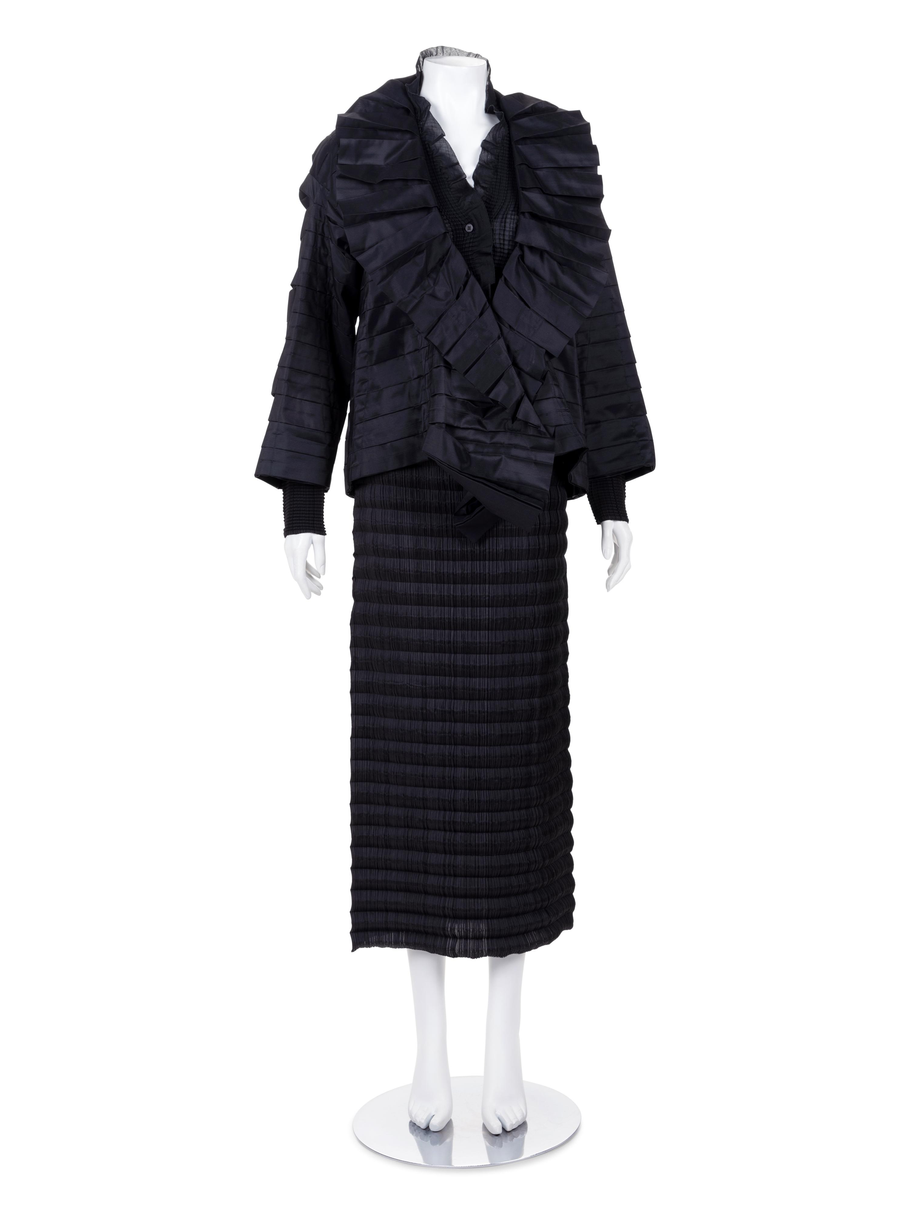 Three Issey Miyake Pleated Items: One Jacket, One Top, and One Skirt