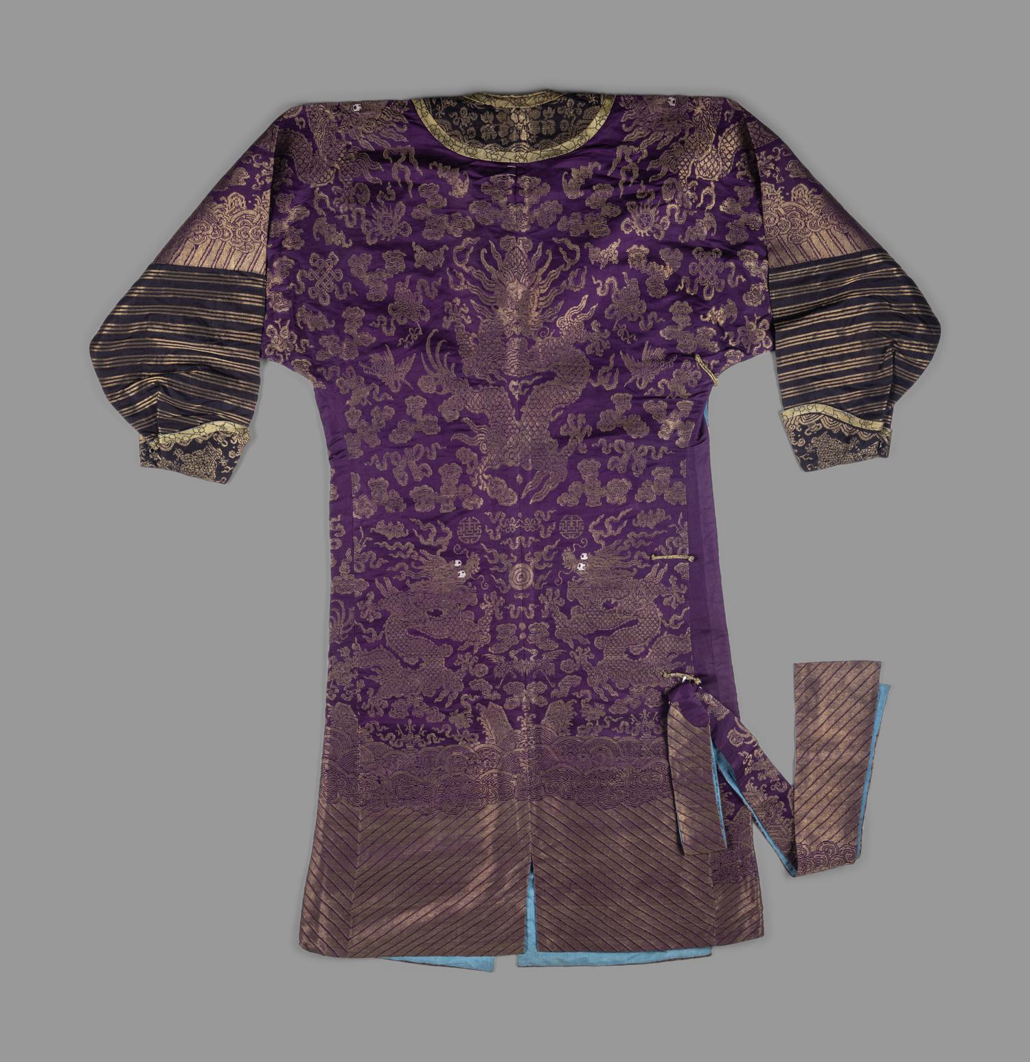 A Chinese Magenta Gold Brocade Dragon Robe