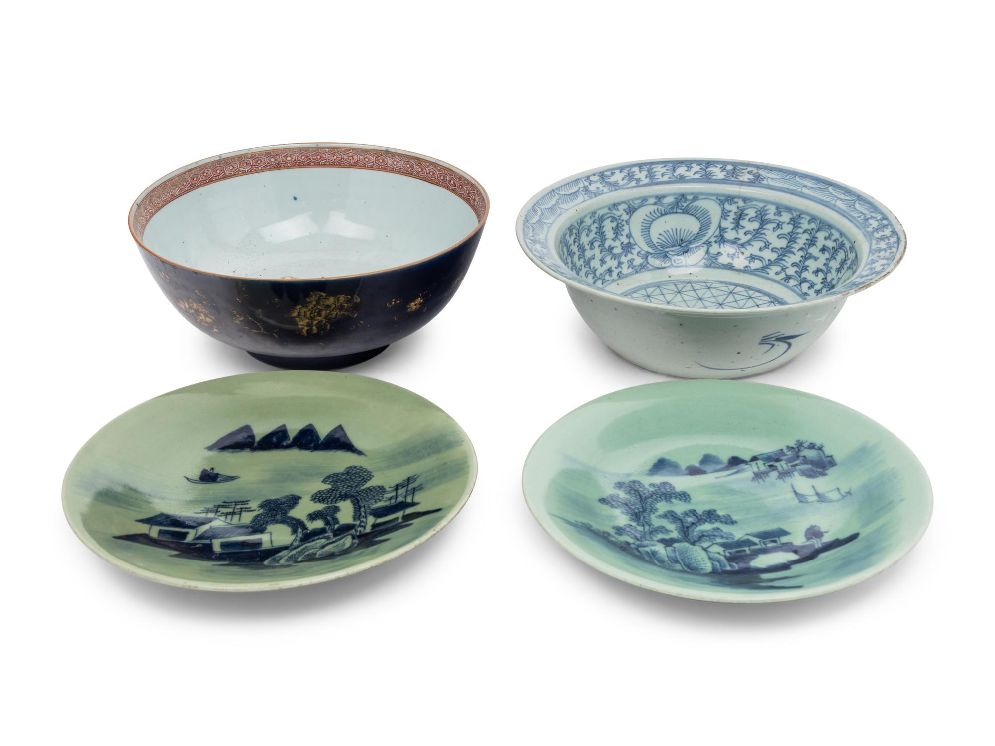 Two Chinese Export Bowls and A Pair of Celadon Ground Blue and White Porcelain Plates