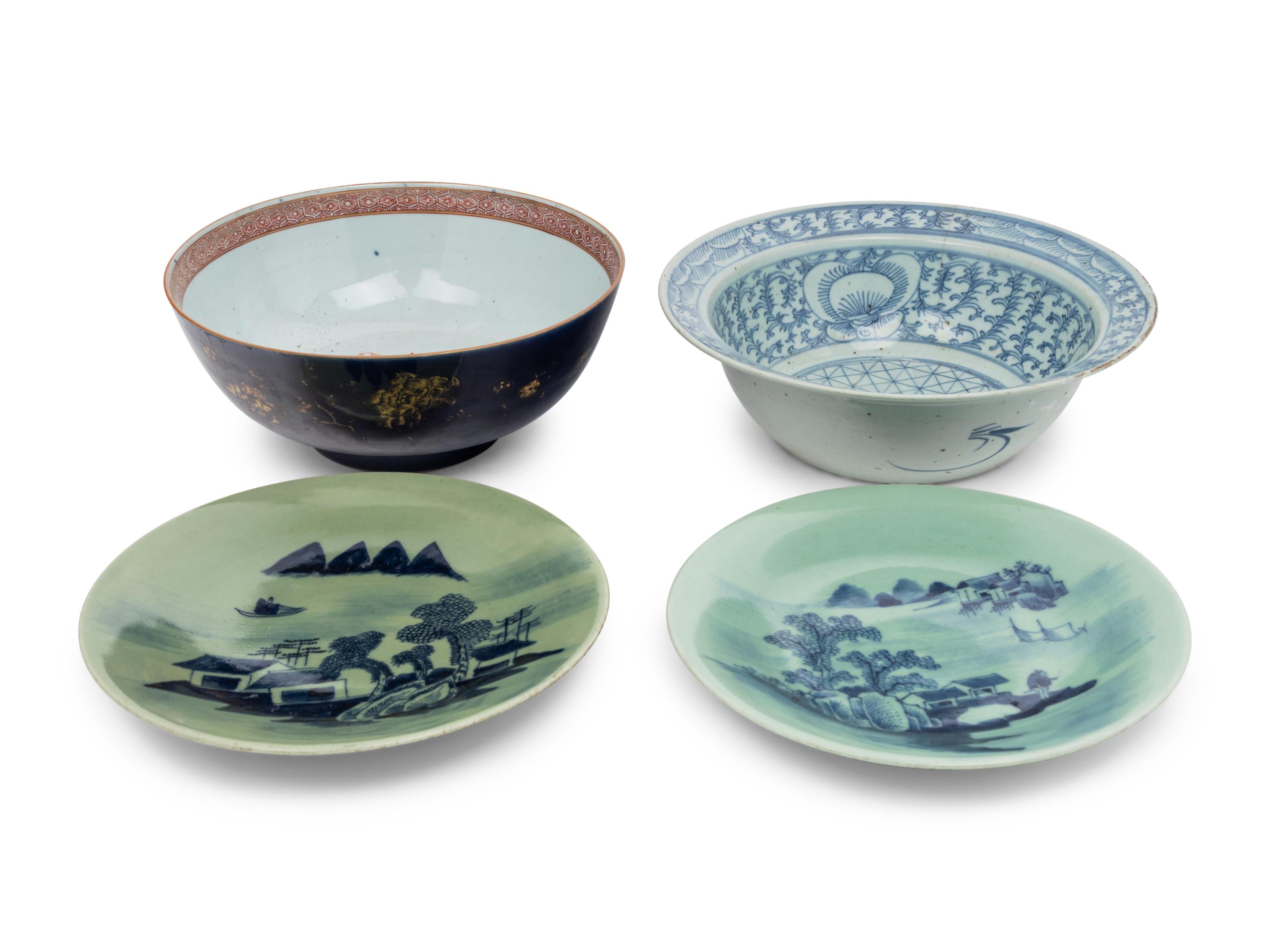 Two Chinese Export Bowls and A Pair of Celadon Ground Blue and White Porcelain Plates