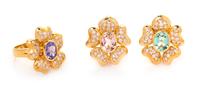 An 18 Karat Yellow Gold, Multigem, Diamond and Cultured Pearl Floral Motif Demi-Parure, 63.20 dwts.
