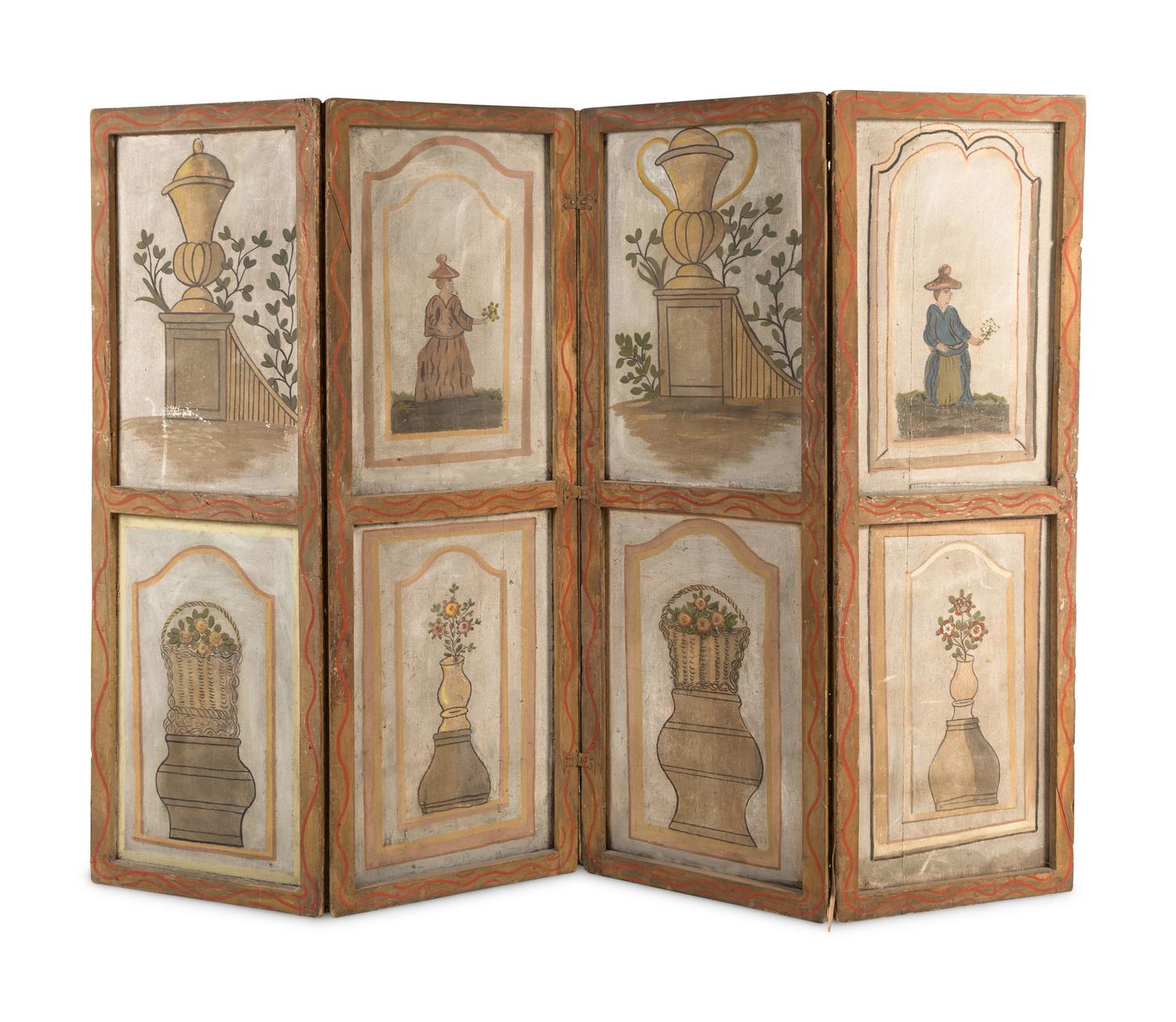A French Painted Canvas Four-Panel Floor Screen