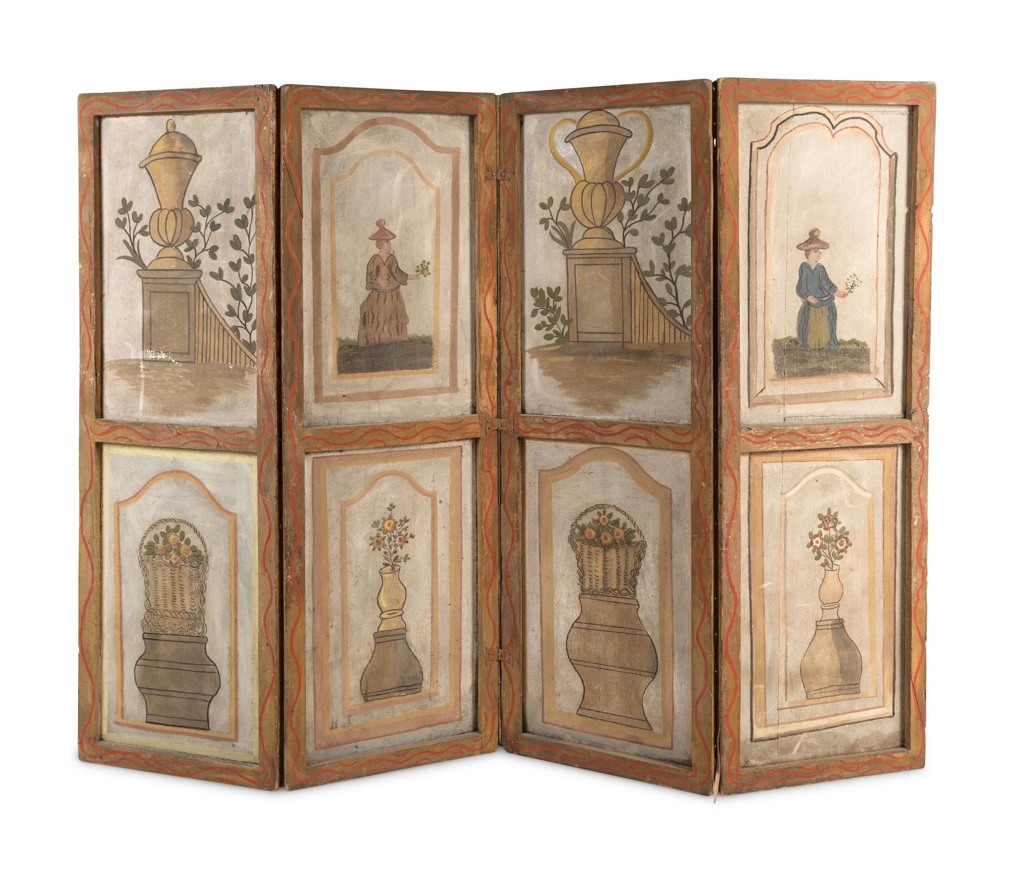 A French Painted Canvas Four-Panel Floor Screen
