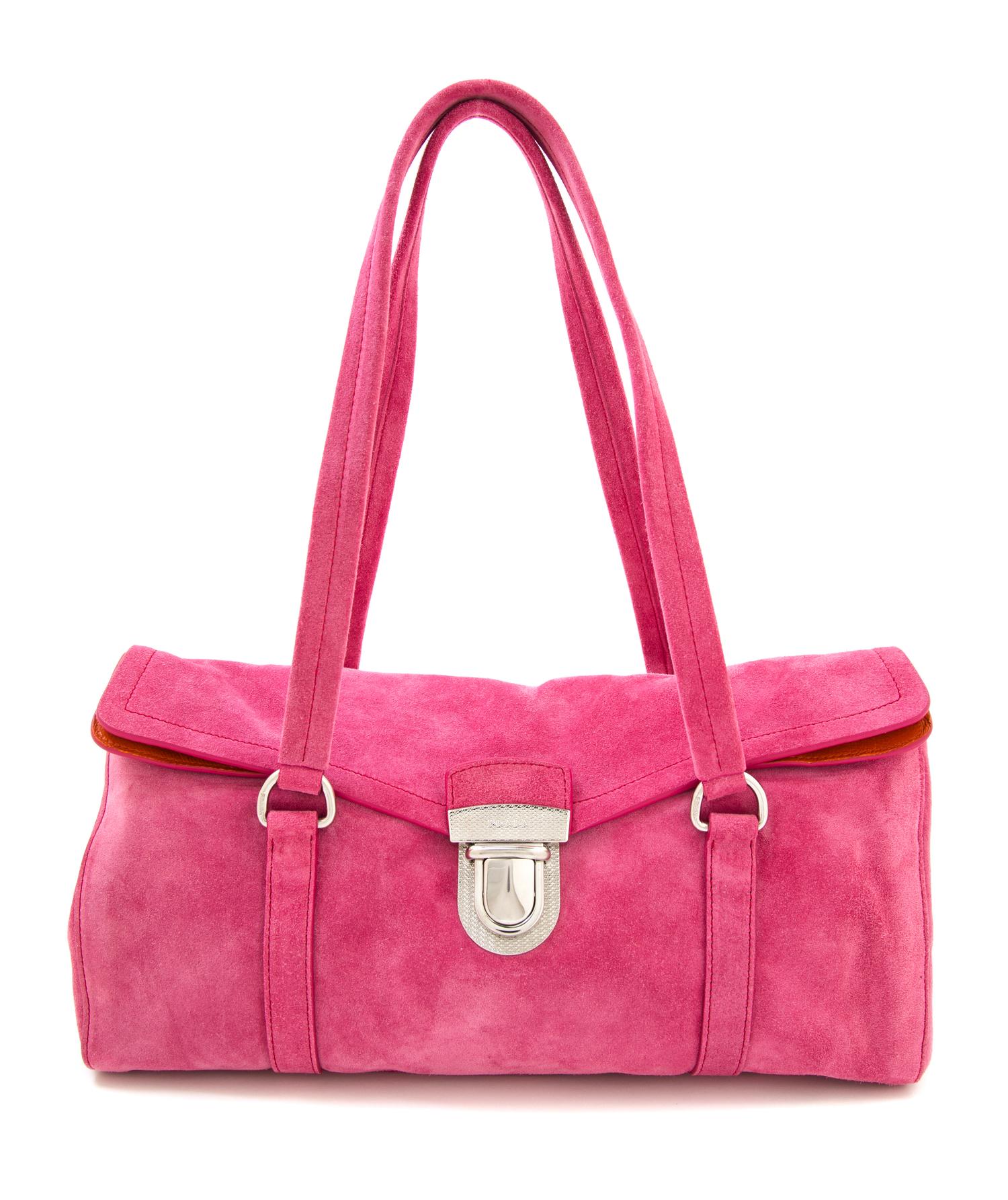 A Prada Pink Suede Handbag, 12.5" x 7.5" x 4.5"; Strap drop: 9".