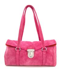 A Prada Pink Suede Handbag, 12.5" x 7.5" x 4.5"; Strap drop: 9".
