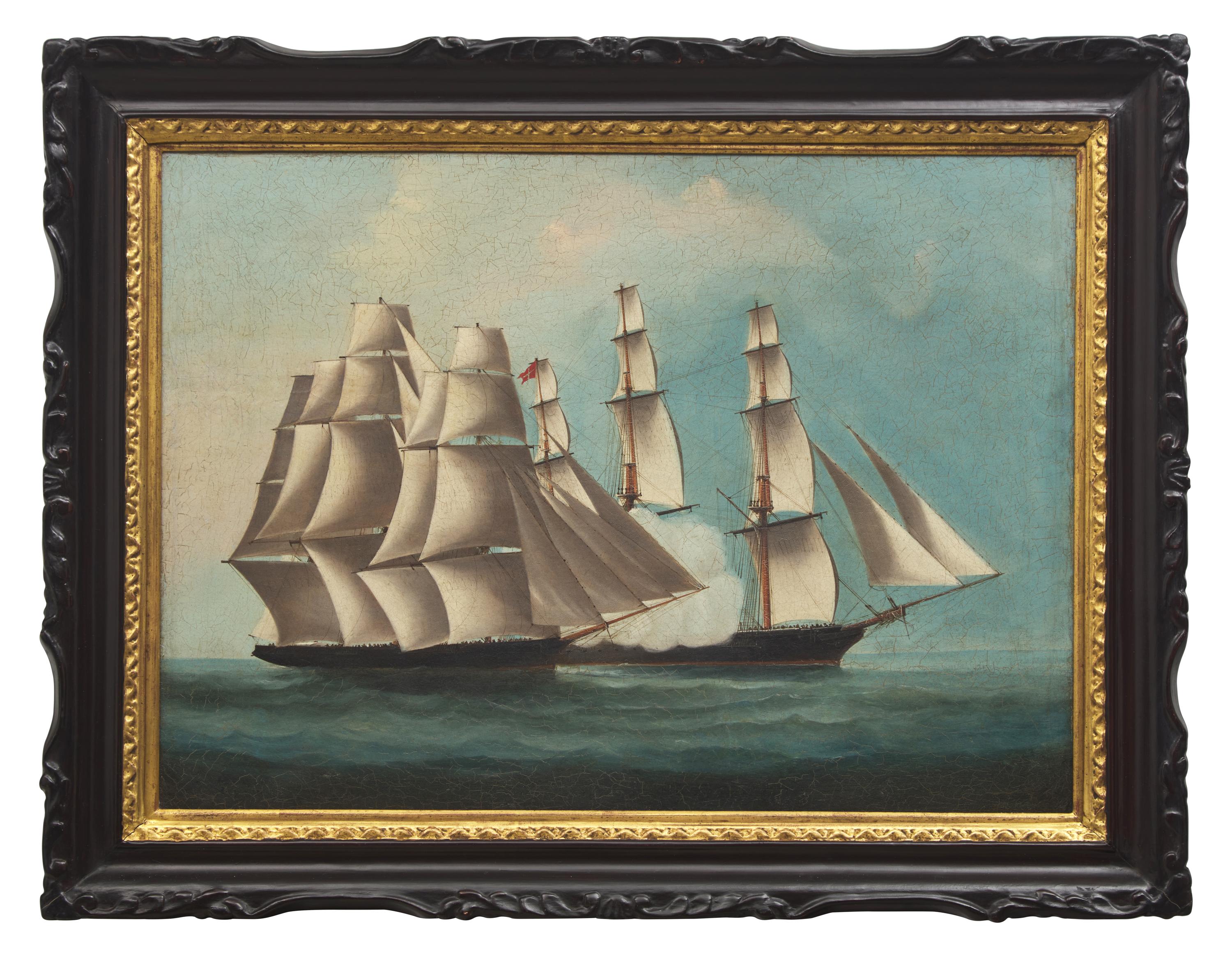 Chinese School 19th Century, Two Square Masted Ships Exchanging Close Fire