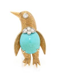 An 18 Karat Yellow Gold, Platinum, Turquoise and Diamond Penguin Brooch, Cartier, Paris, 9.90 dwts.