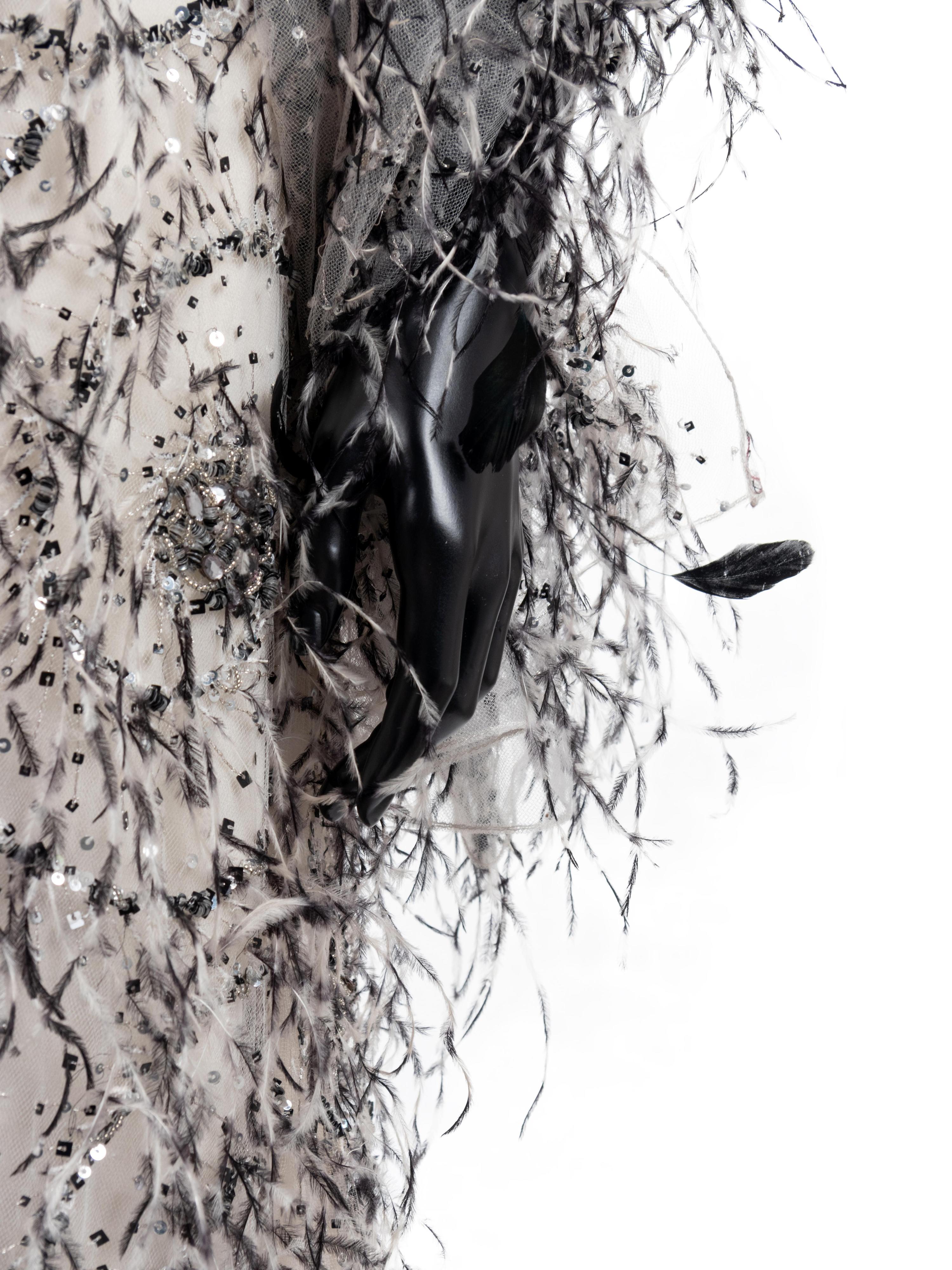 Bill Blass White and Black Ostrich Feather Evening Dress with Wrap, 1990-2000s