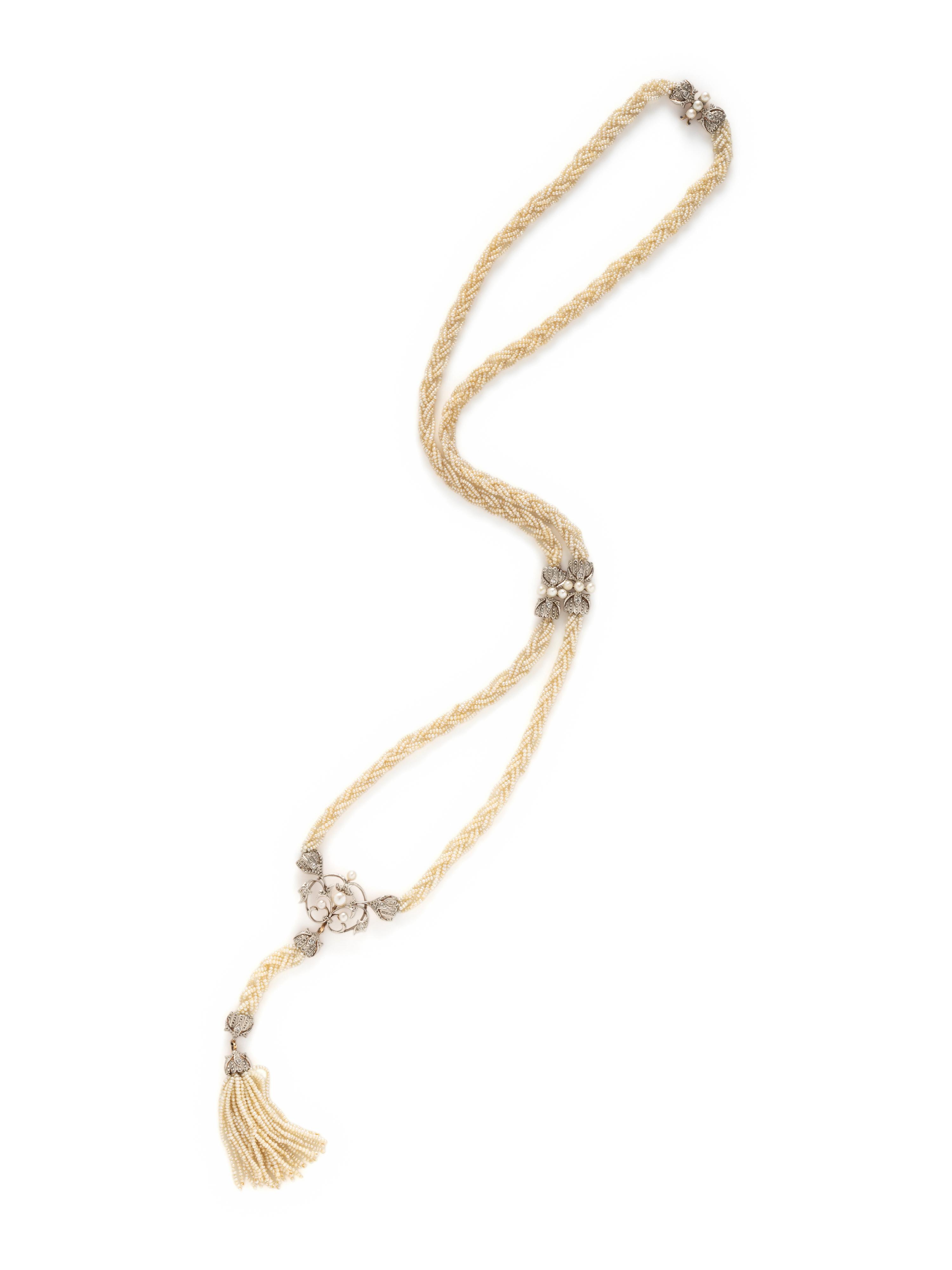 ANTIQUE, PLATINUM-TOPPED YELLOW GOLD, SEED PEARL AND DIAMOND SAUTOIR NECKLACE