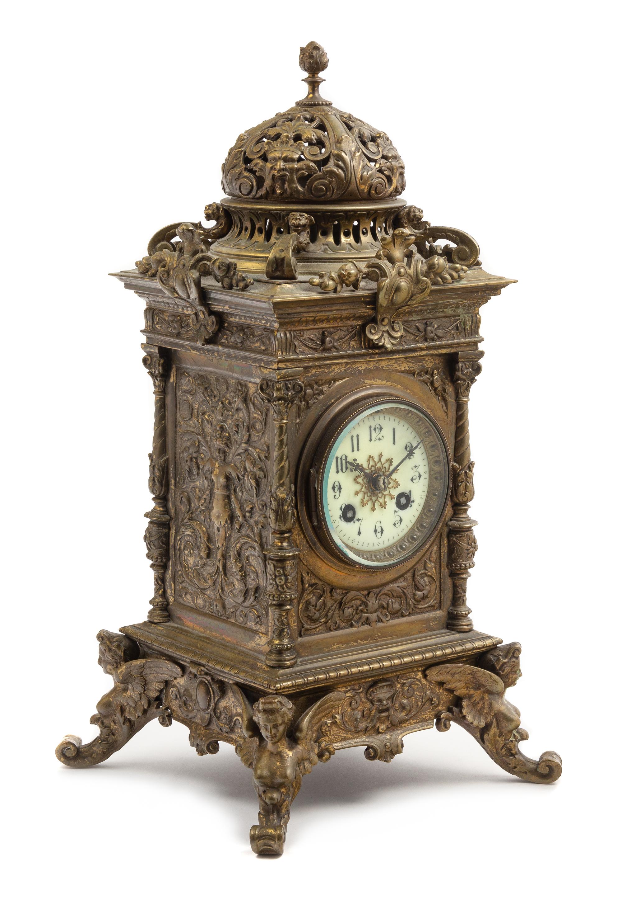 A French Neoclassical Brass Mantel Clock Height 17 x width 9 x depth 8 1/4 inches. — LATE 19TH CENTURY