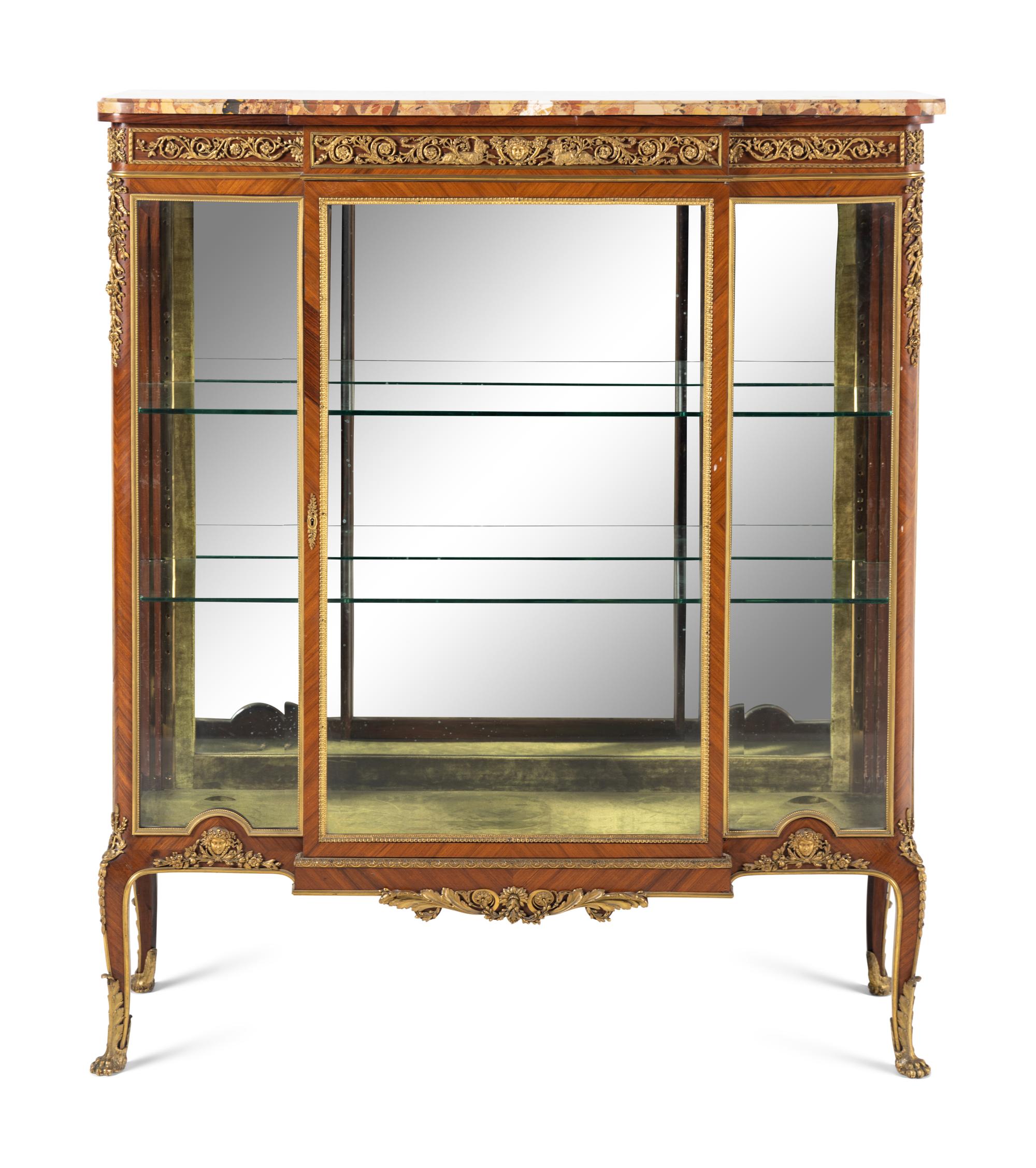 A Louis XV Style Gilt Bronze Mounted Kingwood Marble-Top Vitrine