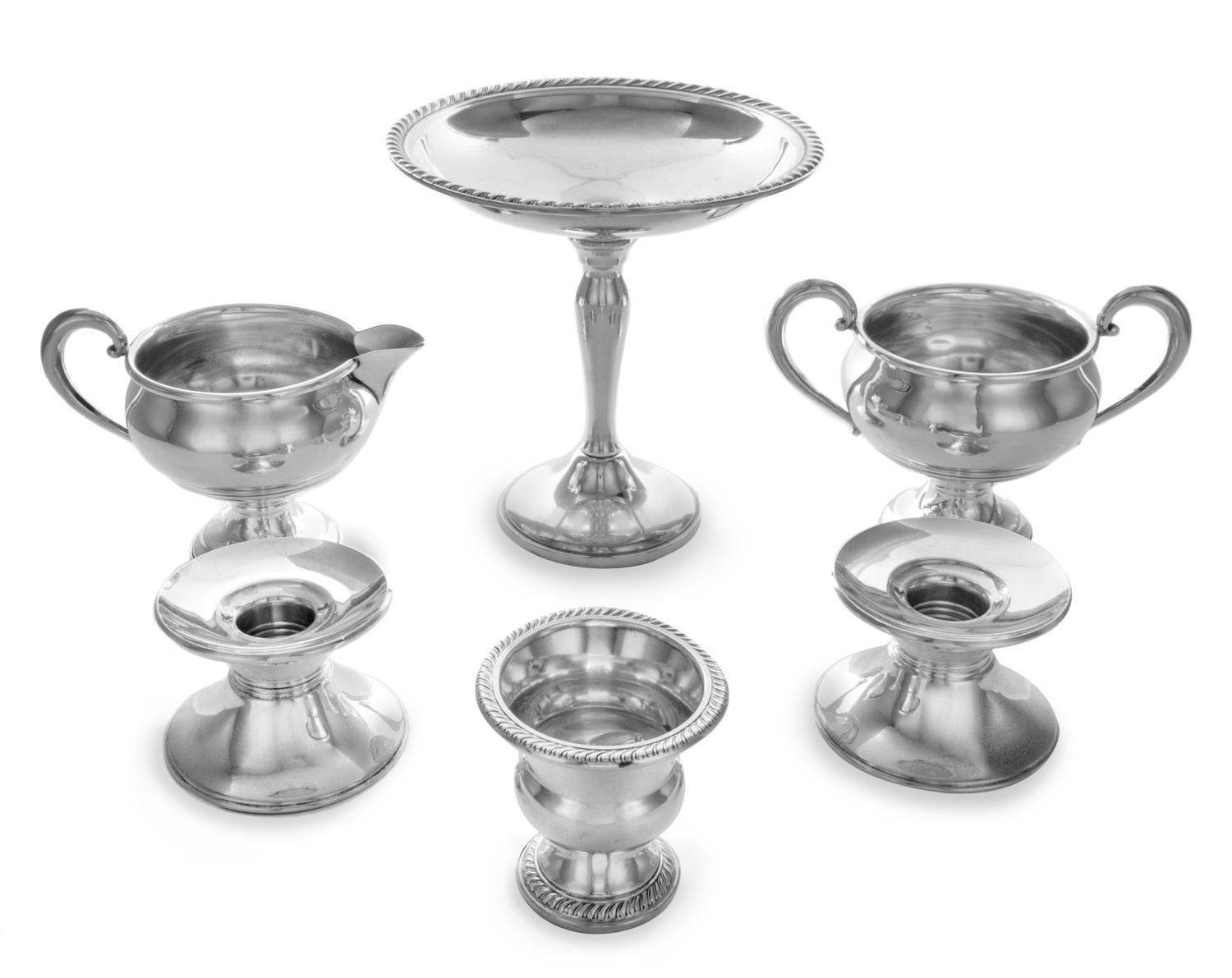 A Collection of American Silver Articles, Various Makers, comprising a pair of candlesticks and a compote, Gorham Mfg. Co., a creamer a
