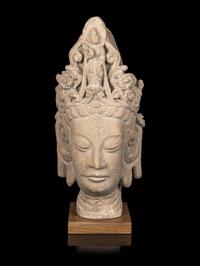 A Chinese Carved Sandstone Head of Guanyin