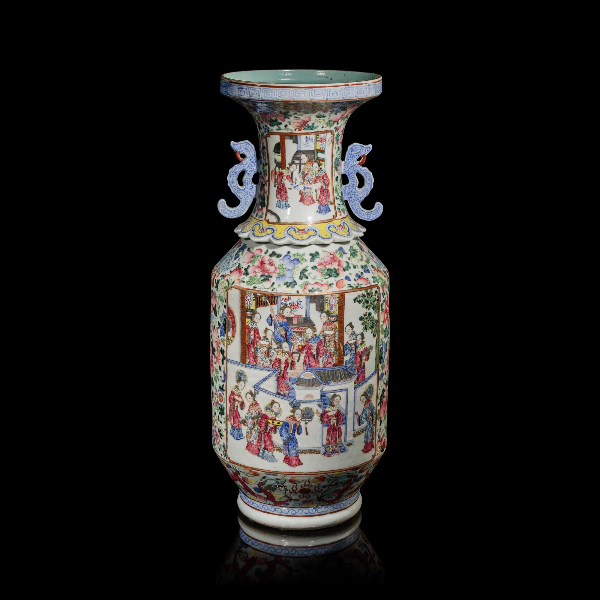 A Large Chinese Famille Rose Porcelain Vase, Late 19th Century — 清晚期 粉彩開光人物故事圖雙耳大賞瓶