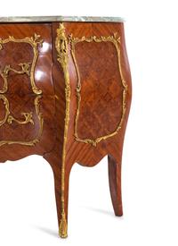 A Pair of Louis XV Style Gilt Bronze Mounted Marble-Top Bombe Commodes
