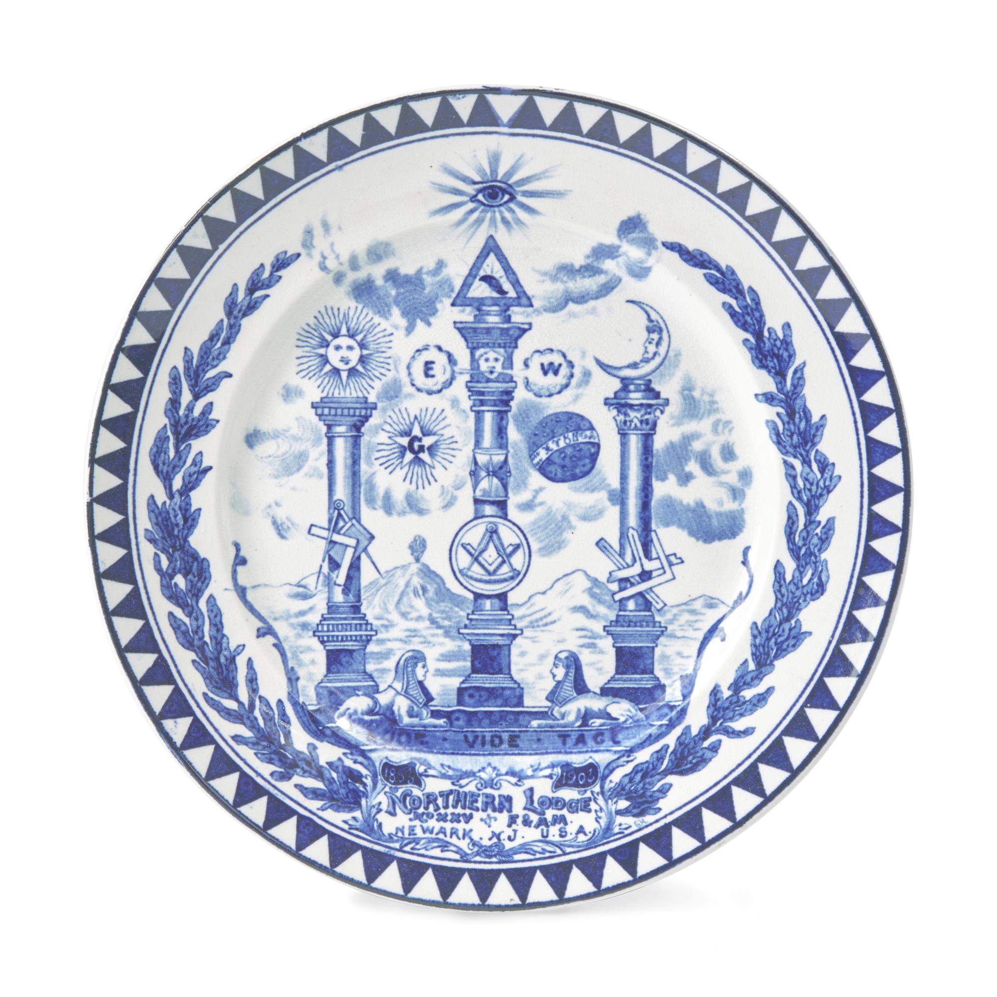 A Blue and White Transfer-Decorated Masonic Plate for Northern Lodge, Newark, New Jersey