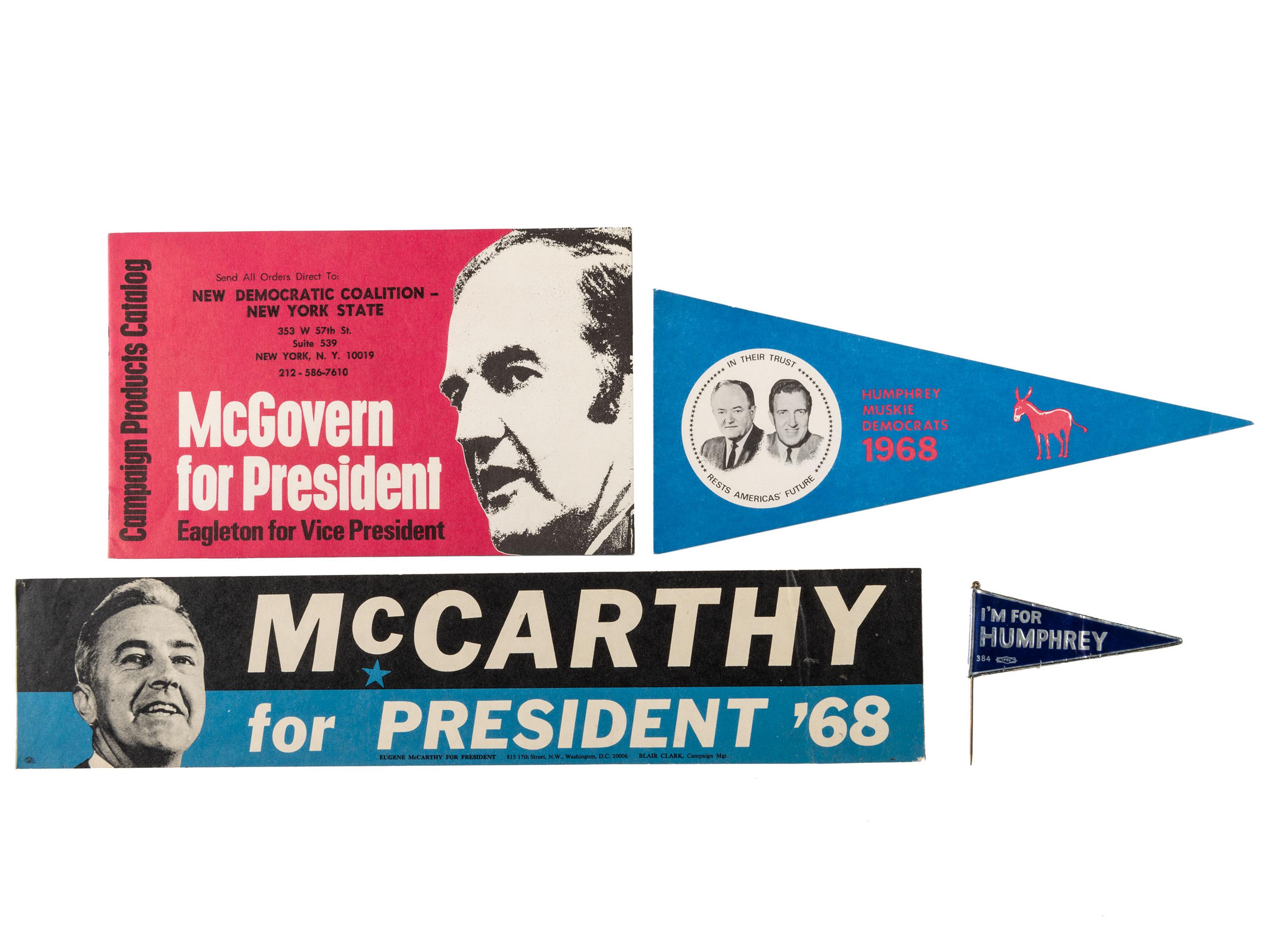[DEMOCRATIC PARTY]. A group of tickets, pamphlets, and other campaign ephemera from the Hubert Humphrey, Eugene McCarthy, and George McGovern campaigns, comprising: