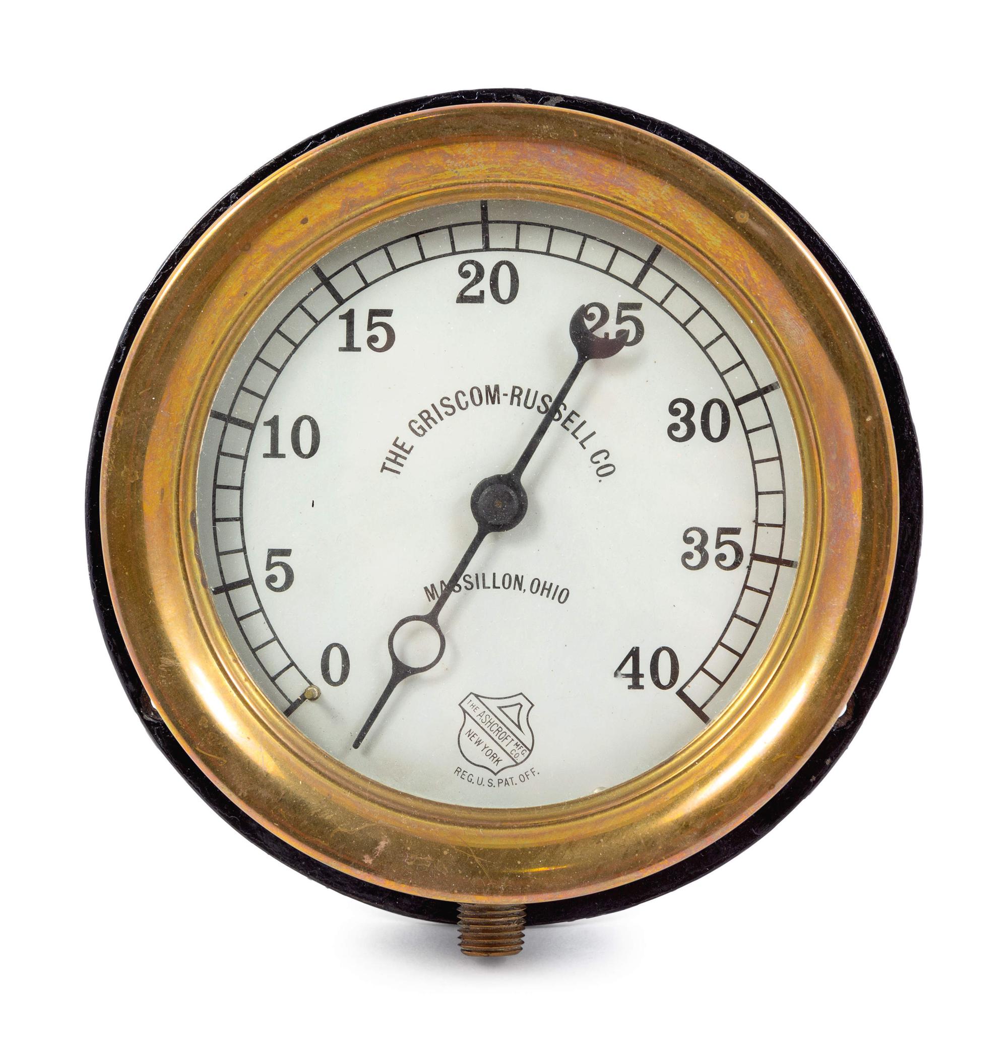 An Grissom Russell Co. Brass-Cased Locomotive Steam Pressure Gauge