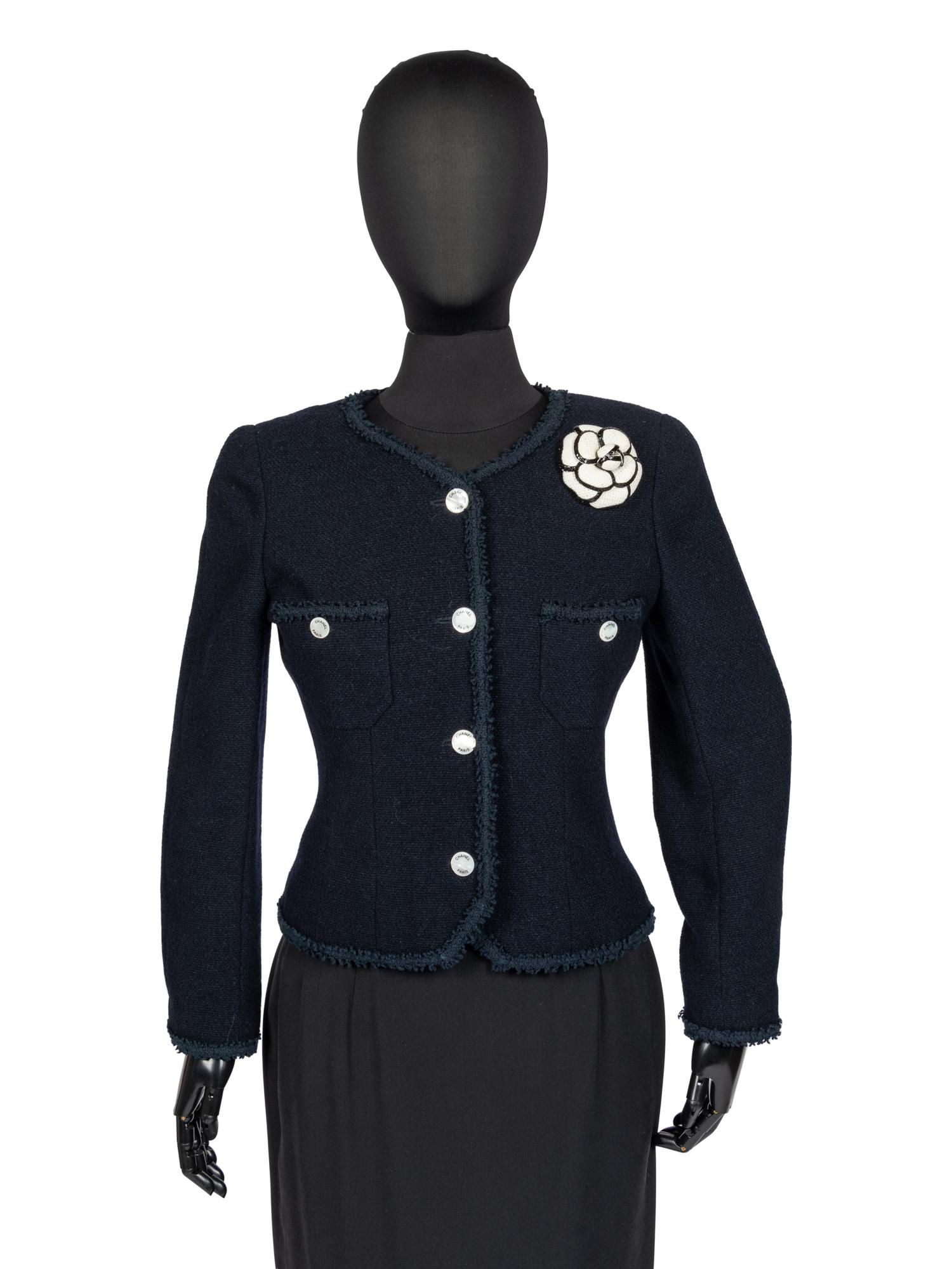 Chanel Blue Tweed Jacket and Camellia Brooch, 1990s