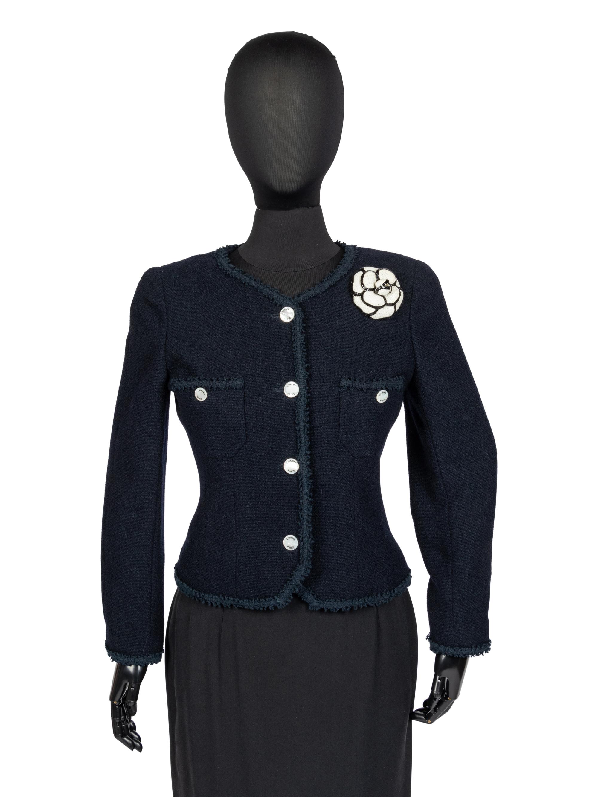 Chanel Blue Tweed Jacket and Camellia Brooch, 1990s