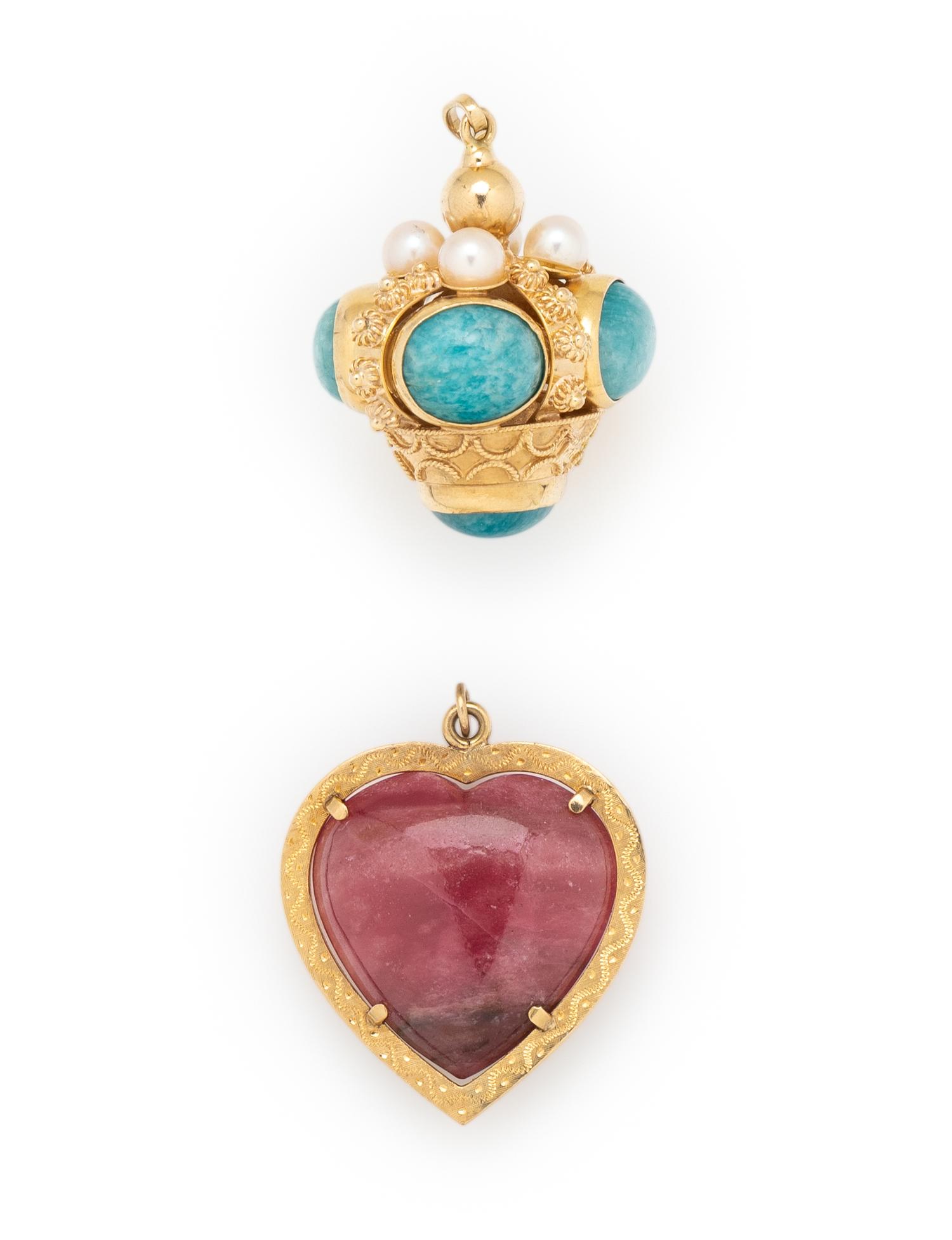 TWO HARDSTONE AND YELLOW GOLD PENDANTS
