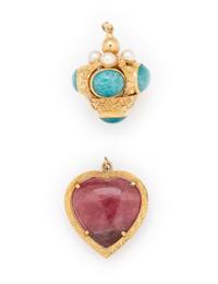 TWO HARDSTONE AND YELLOW GOLD PENDANTS