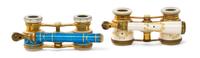 Two Pairs of Continental Guilloche Enameled Opera Glasses, Width of first 3 1/2 inches.