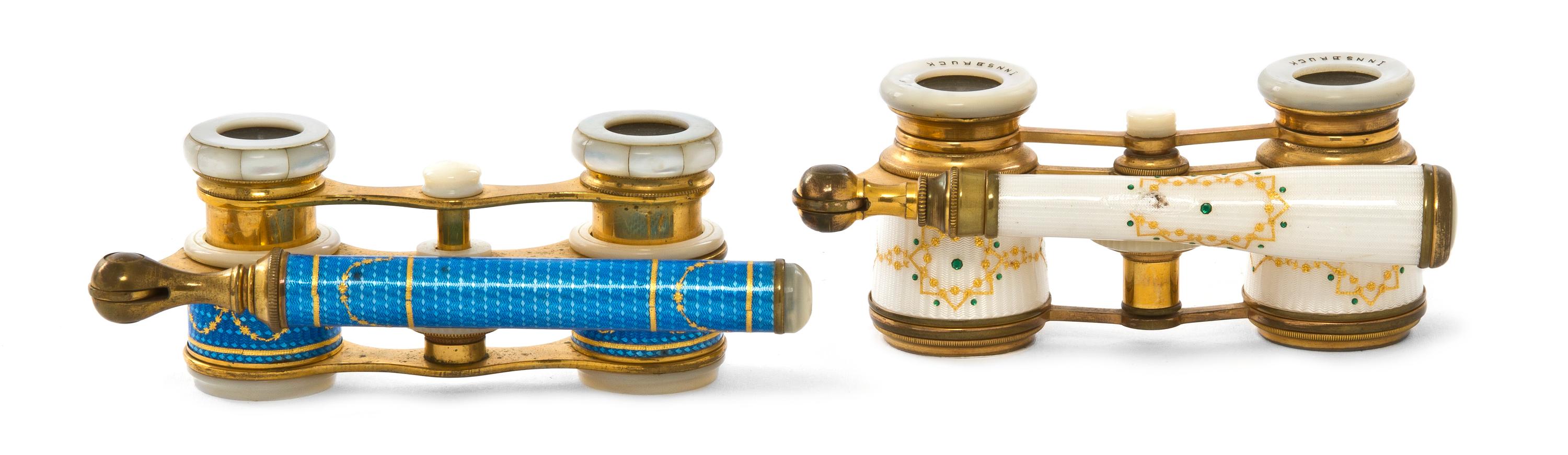 Two Pairs of Continental Guilloche Enameled Opera Glasses, Width of first 3 1/2 inches.