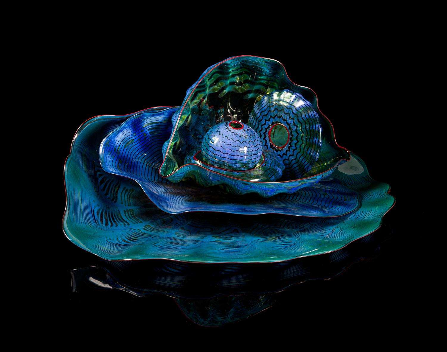 Dale Chihuly, (American, b. 1941), Lapis & Viridian Seaform Set