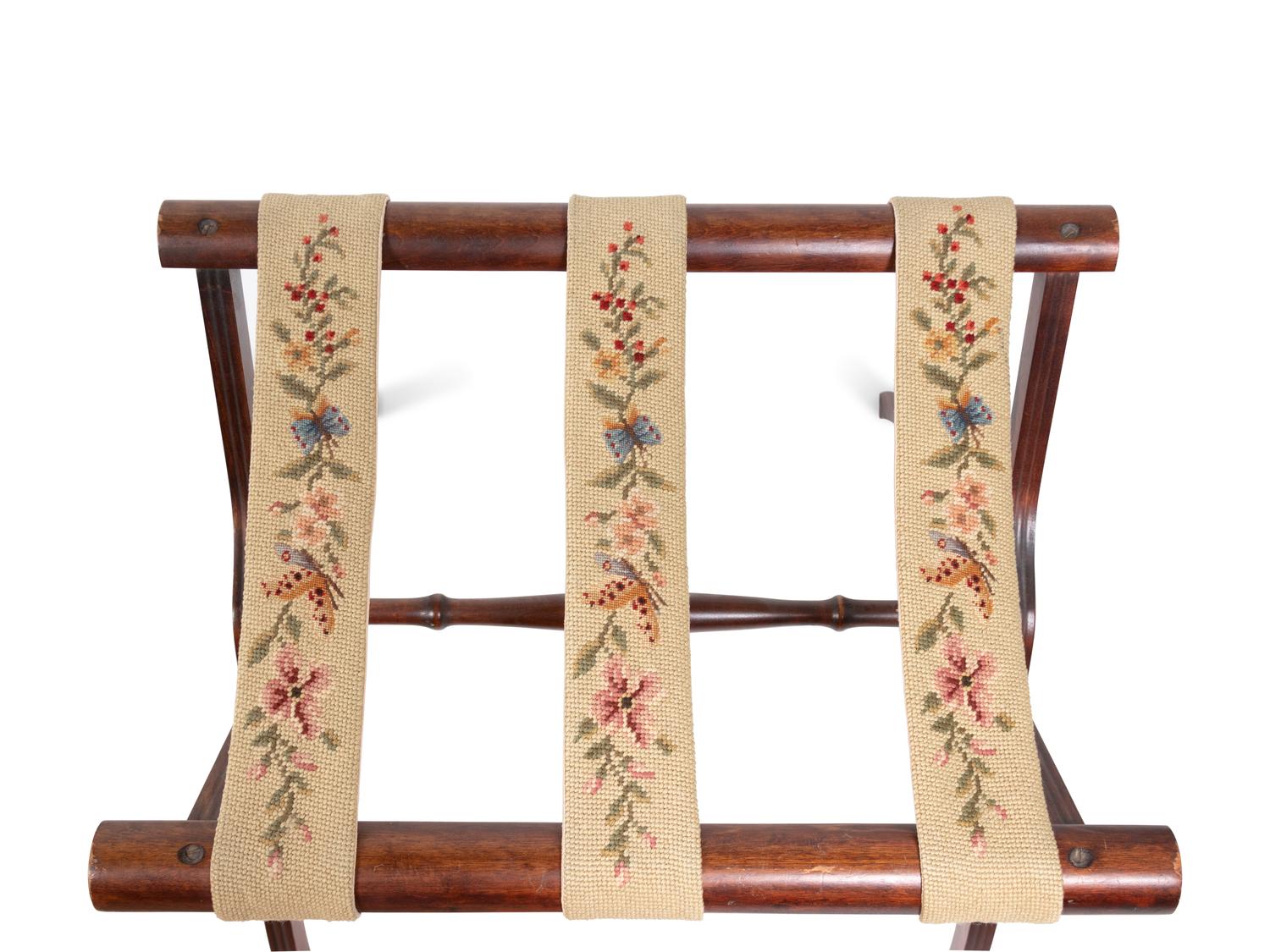 A Needlepoint Upholstered Mahogany Side Chair and Luggage Rack