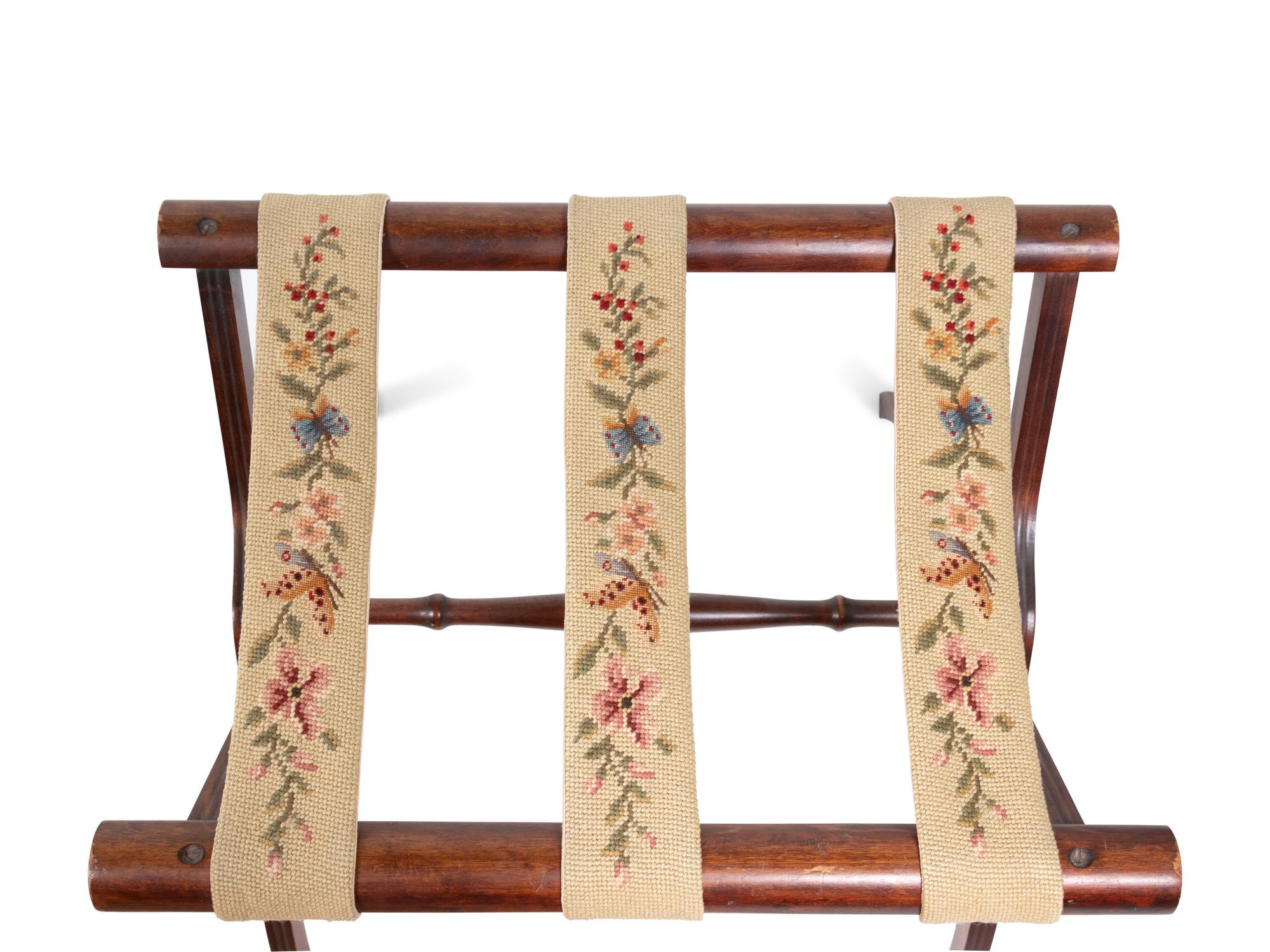 A Needlepoint Upholstered Mahogany Side Chair and Luggage Rack