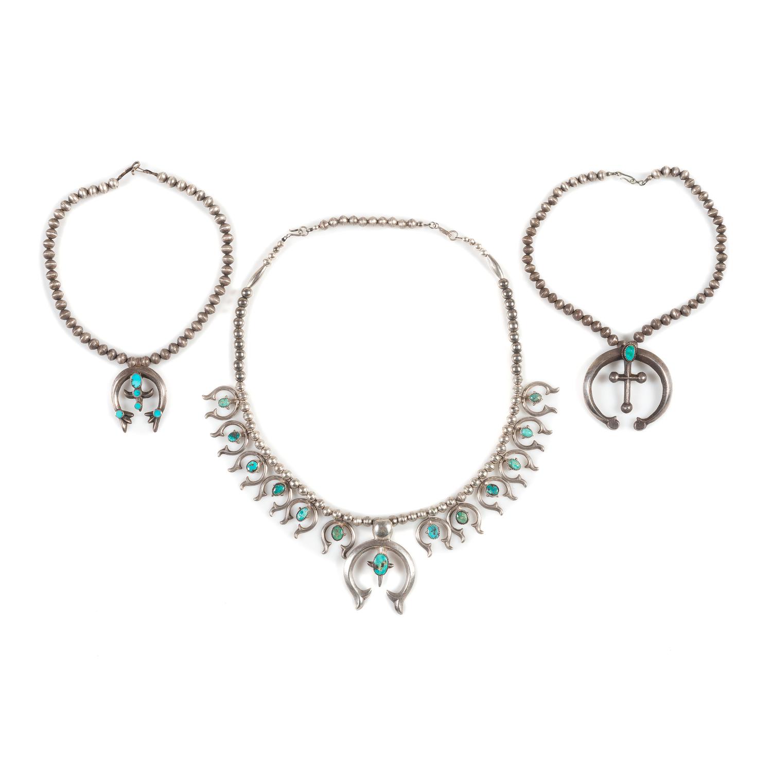 Navajo Sand Cast Silver and Turquoise Squash Blossom AND Naja Necklaces