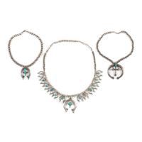 Navajo Sand Cast Silver and Turquoise Squash Blossom AND Naja Necklaces