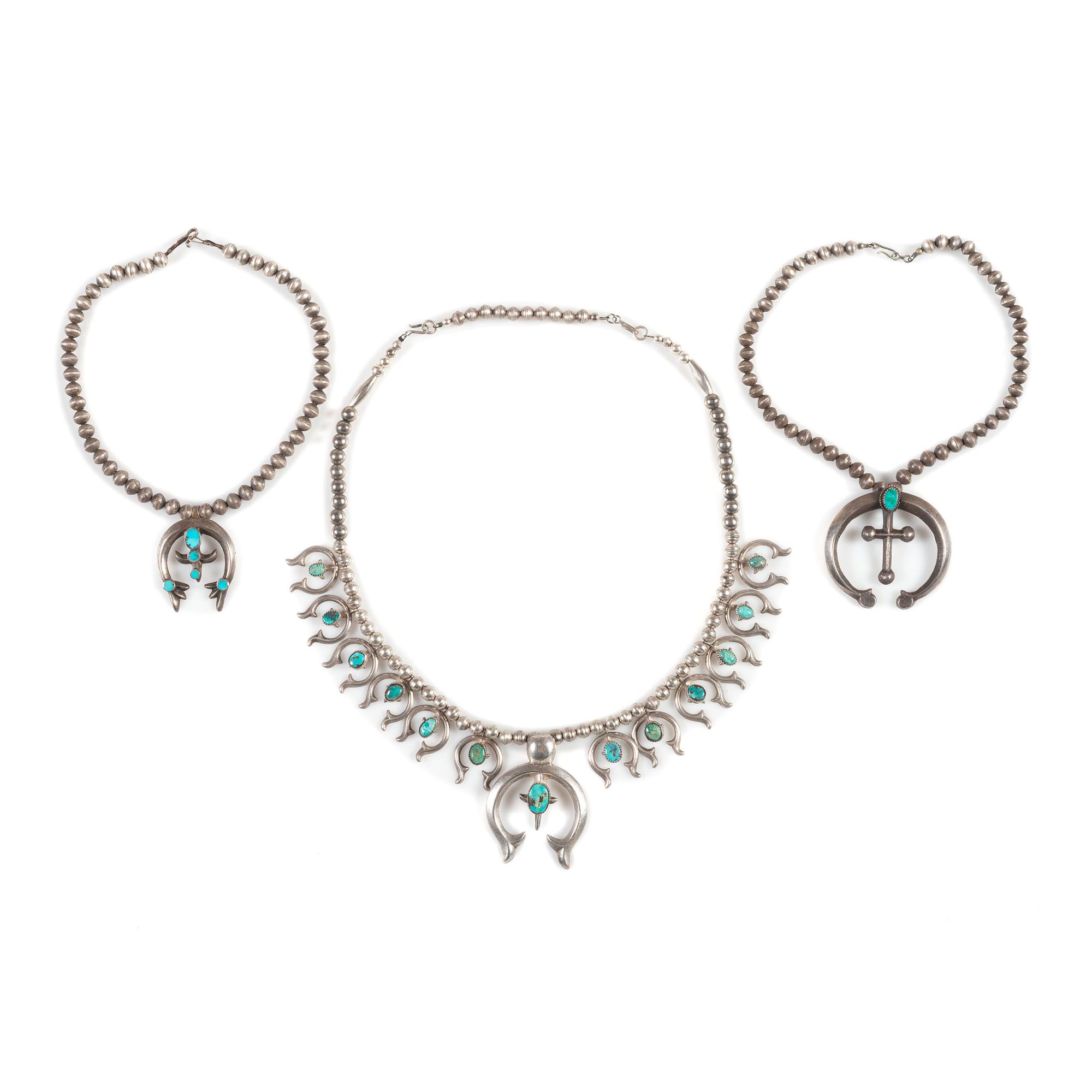 Navajo Sand Cast Silver and Turquoise Squash Blossom AND Naja Necklaces