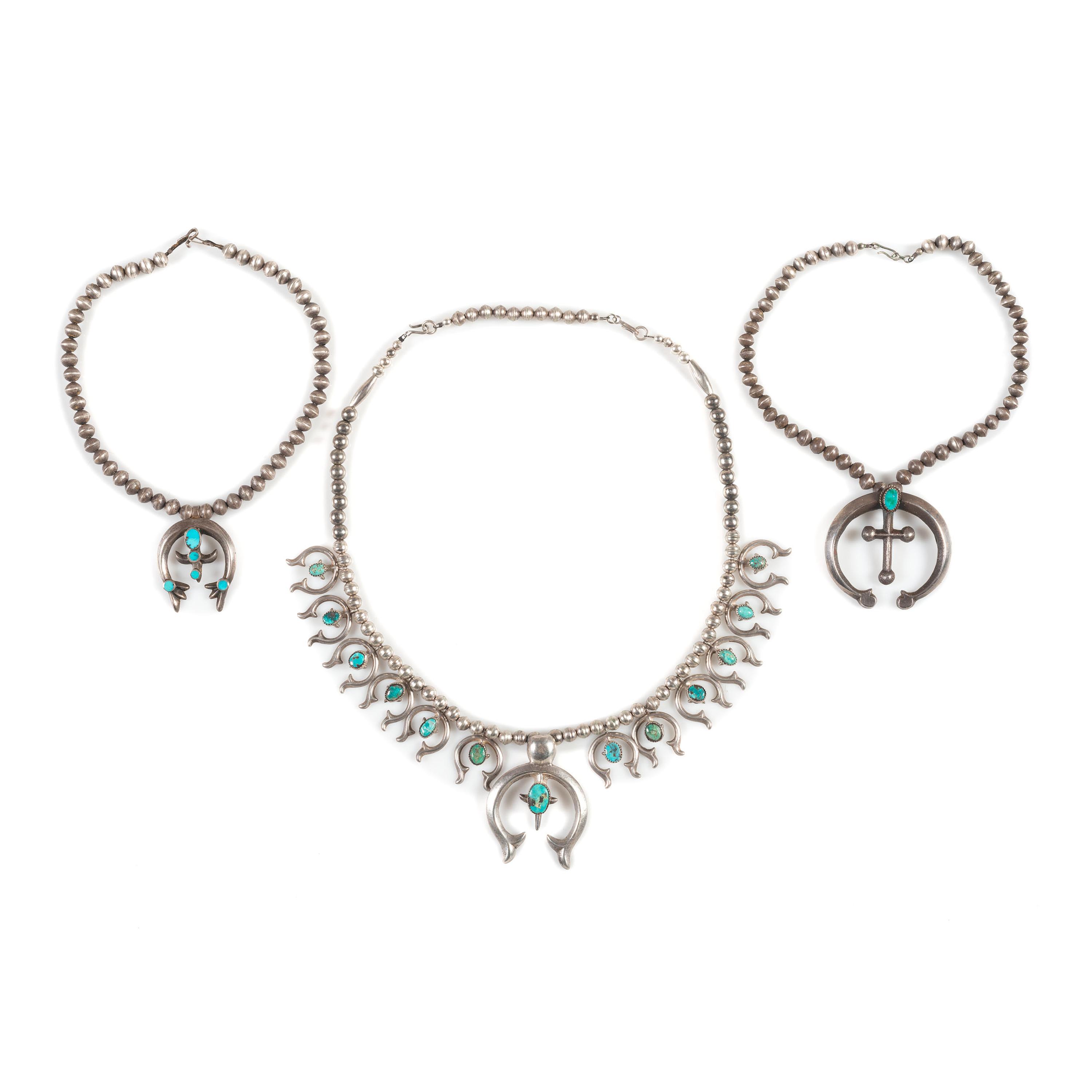 Navajo Sand Cast Silver and Turquoise Squash Blossom AND Naja Necklaces
