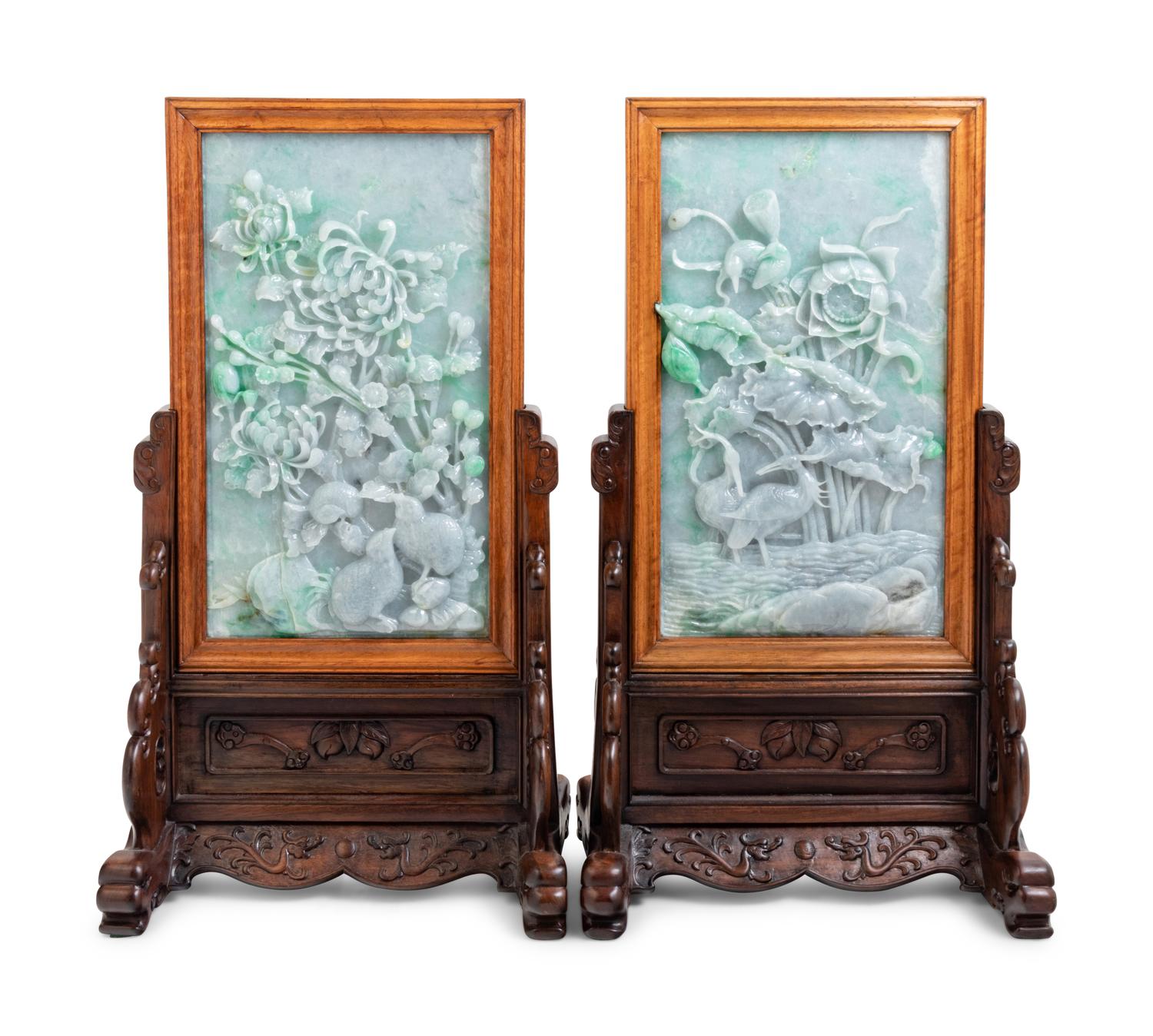 A Set of Four Chinese Export Carved Lavender and Green Jadeite Table Screens in Hardwood Stands