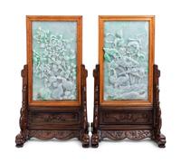 A Set of Four Chinese Export Carved Lavender and Green Jadeite Table Screens in Hardwood Stands
