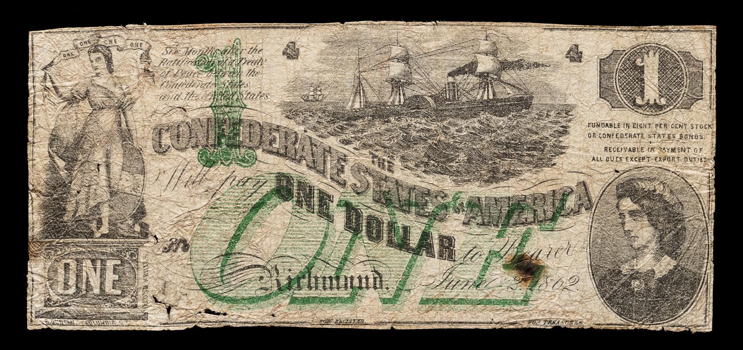 An 1862 Confederate States of America T-45 $1 Note