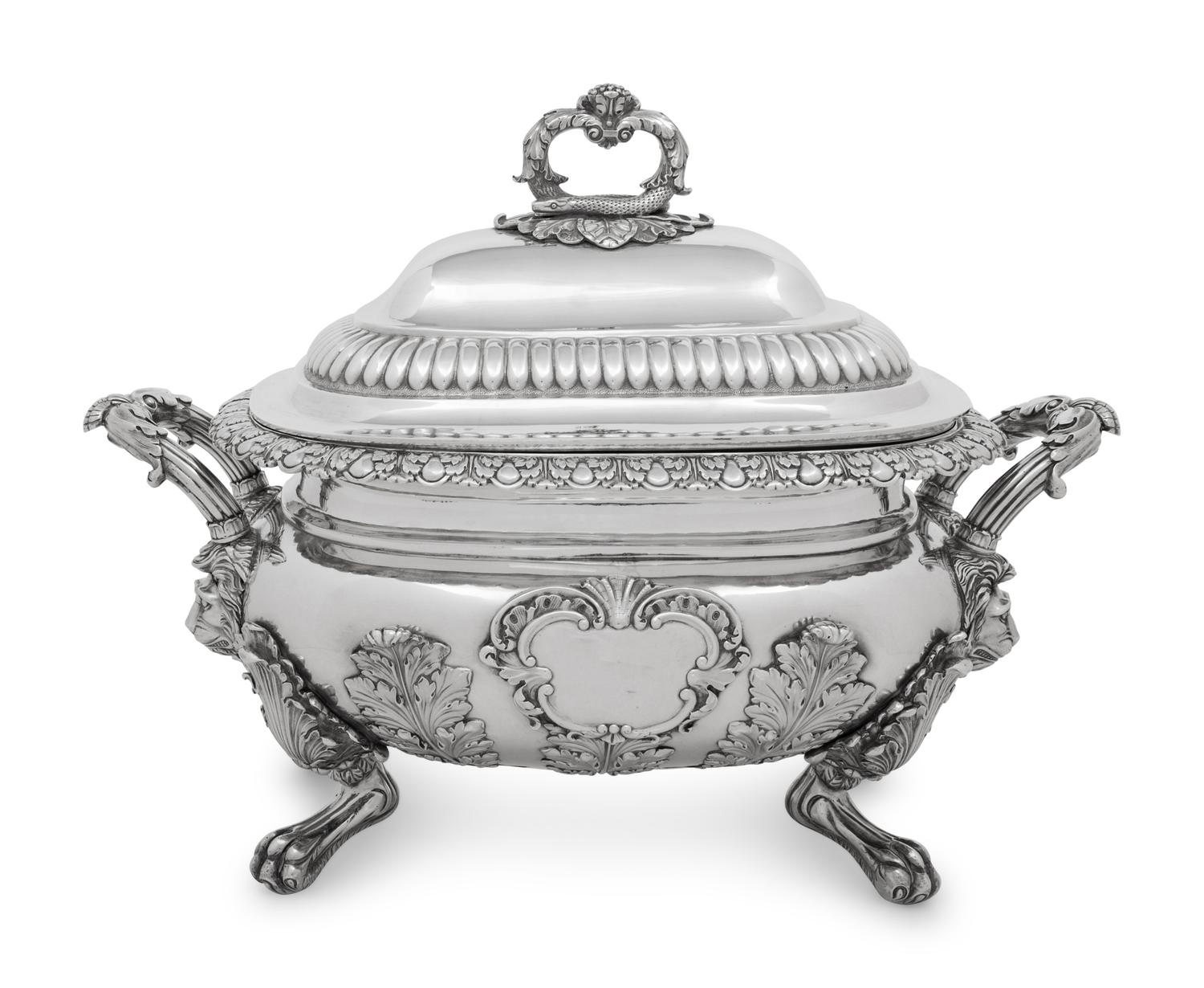 A William IV Silver Tureen with Cover and an American Coin Silver Soup Ladle