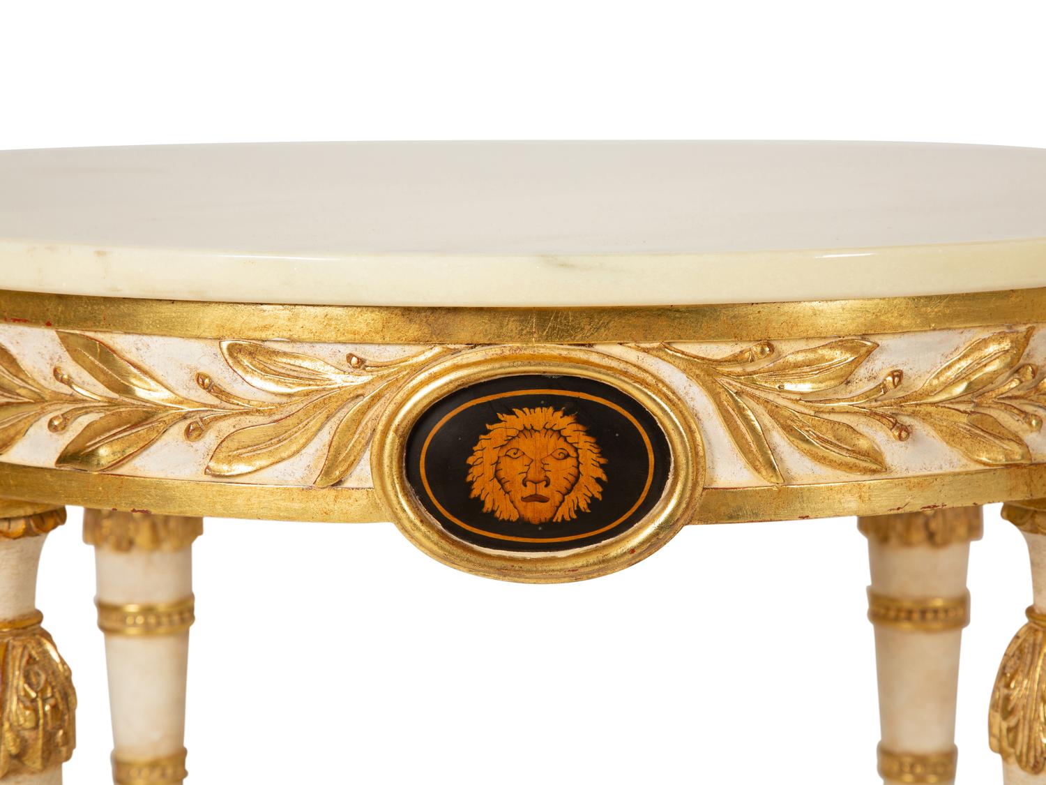 A Pair of Neoclassical Style White and Parcel Gilt Marble Top Tables
