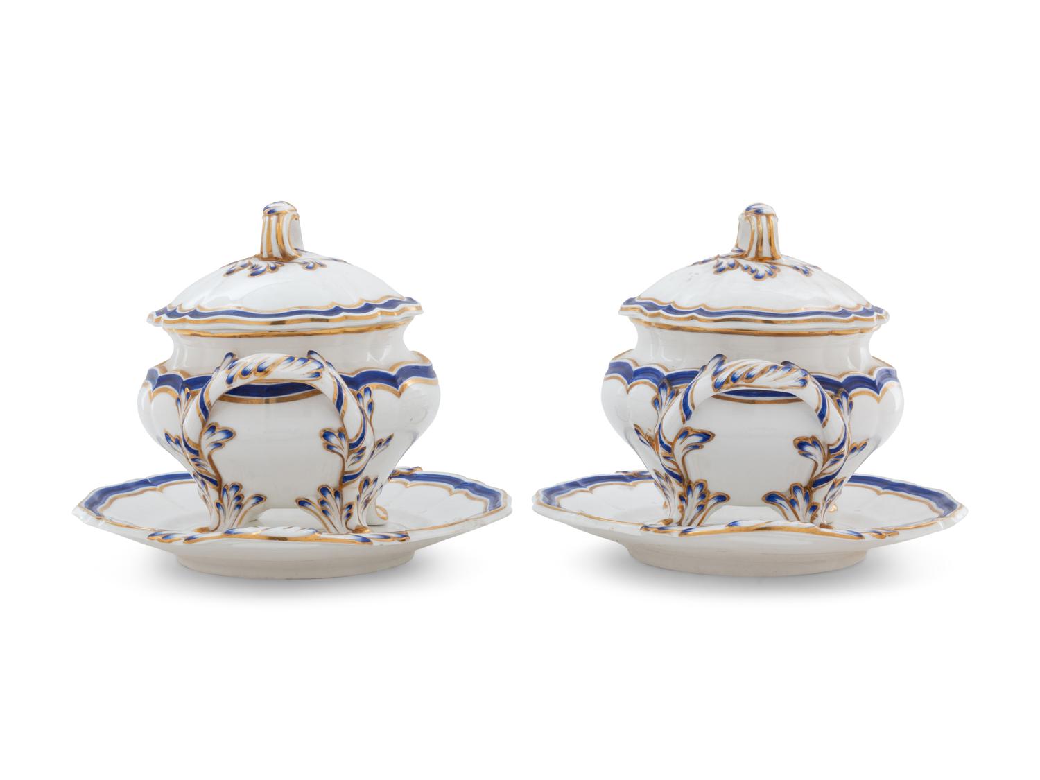 A Pair of Minton Painted and Parcel Gilt Porcelain Covered Sauce Tureens with Underplates