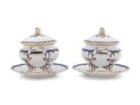 A Pair of Minton Painted and Parcel Gilt Porcelain Covered Sauce Tureens with Underplates