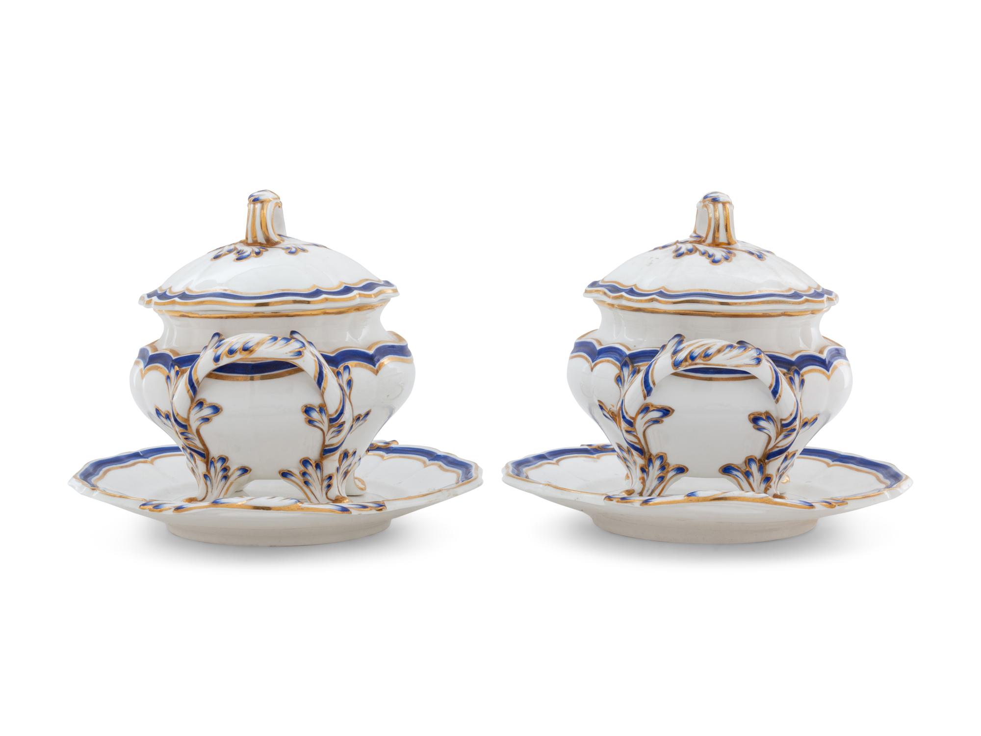 A Pair of Minton Painted and Parcel Gilt Porcelain Covered Sauce Tureens with Underplates