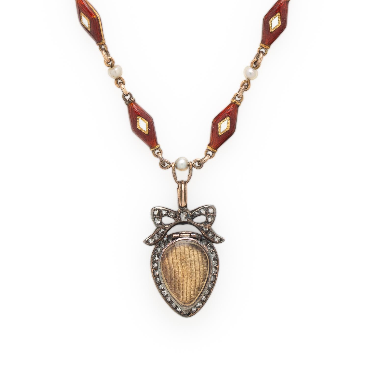 VICTORIAN, DIAMOND, SEED PEARL, AND ENAMEL MOURNING NECKLACE