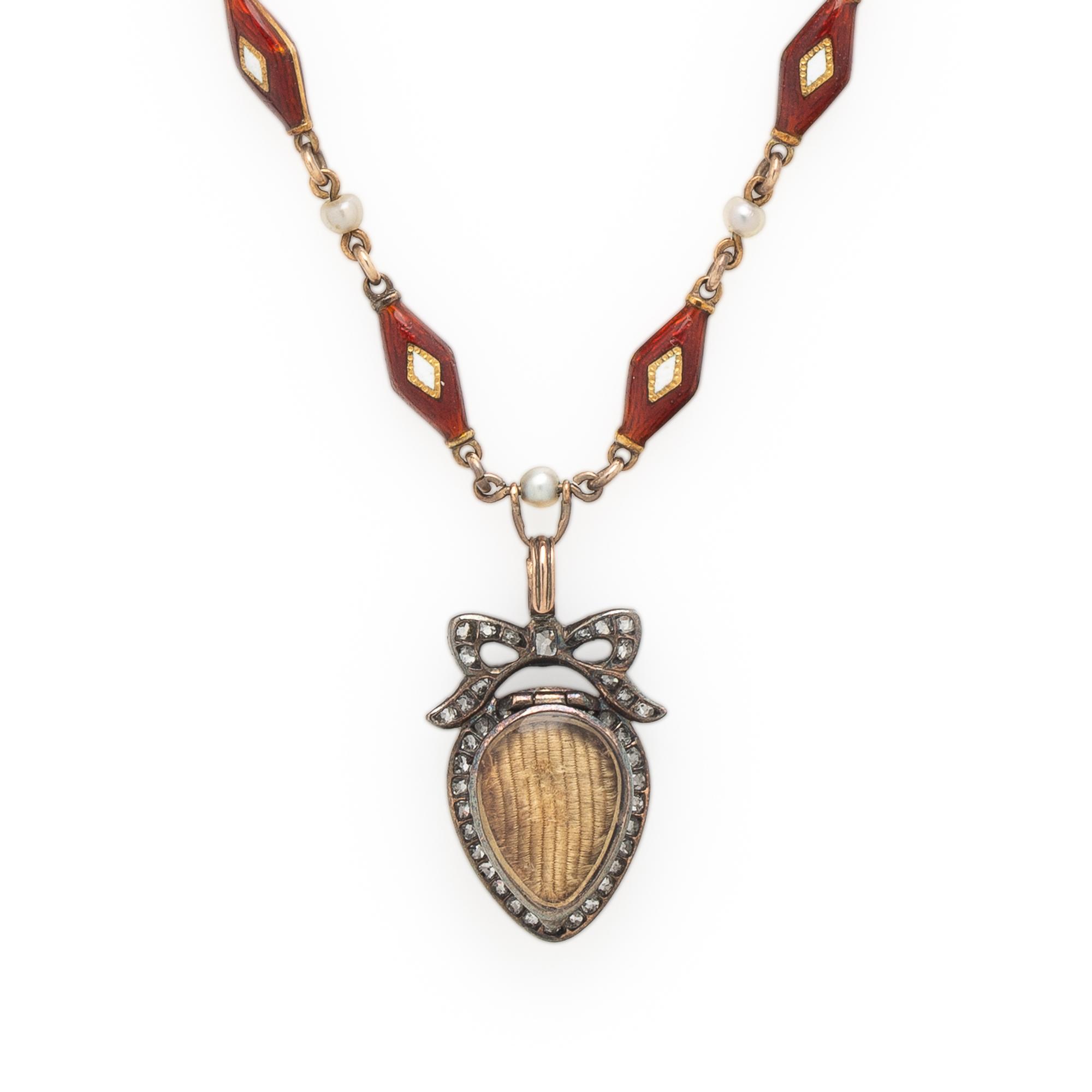 VICTORIAN, DIAMOND, SEED PEARL, AND ENAMEL MOURNING NECKLACE