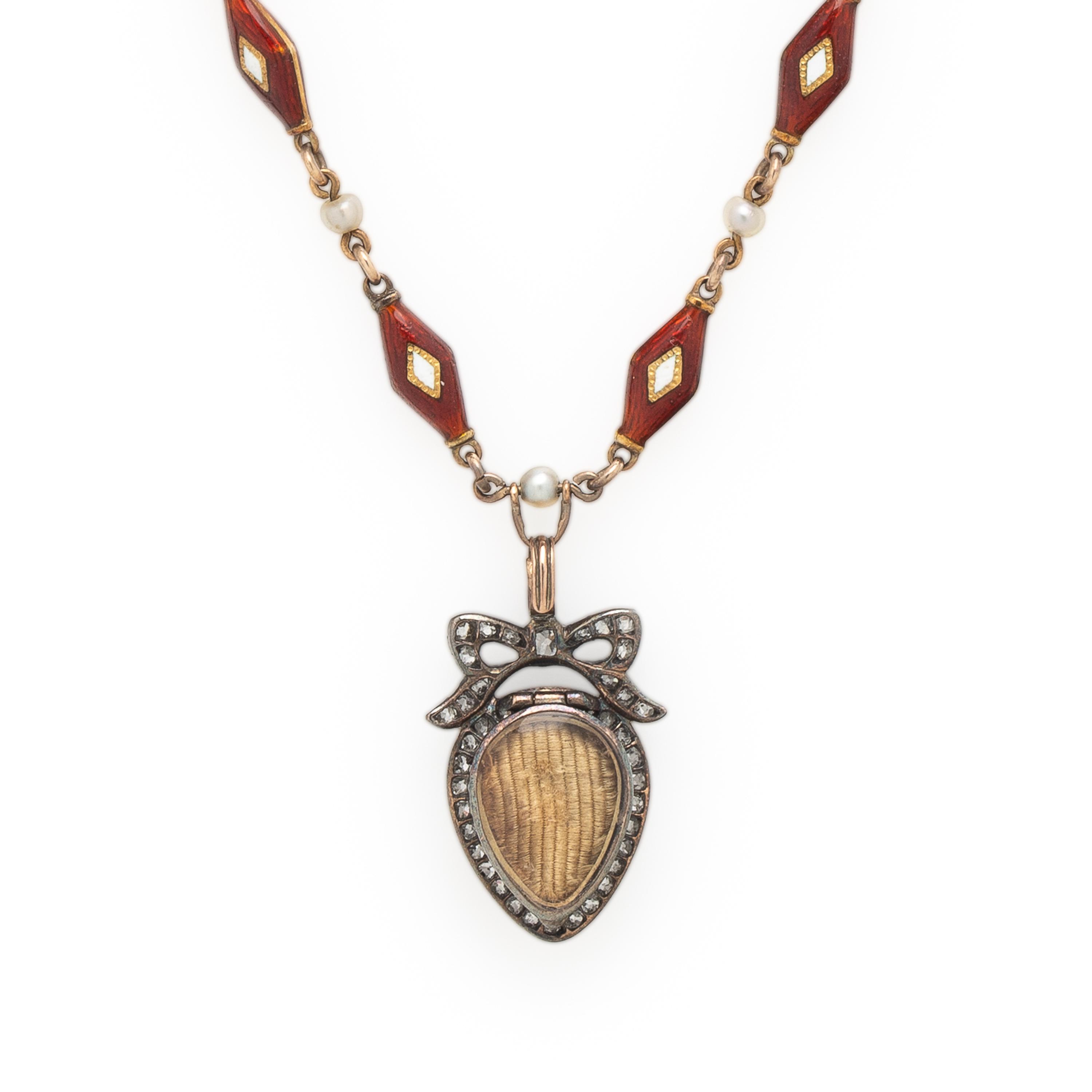 VICTORIAN, DIAMOND, SEED PEARL, AND ENAMEL MOURNING NECKLACE